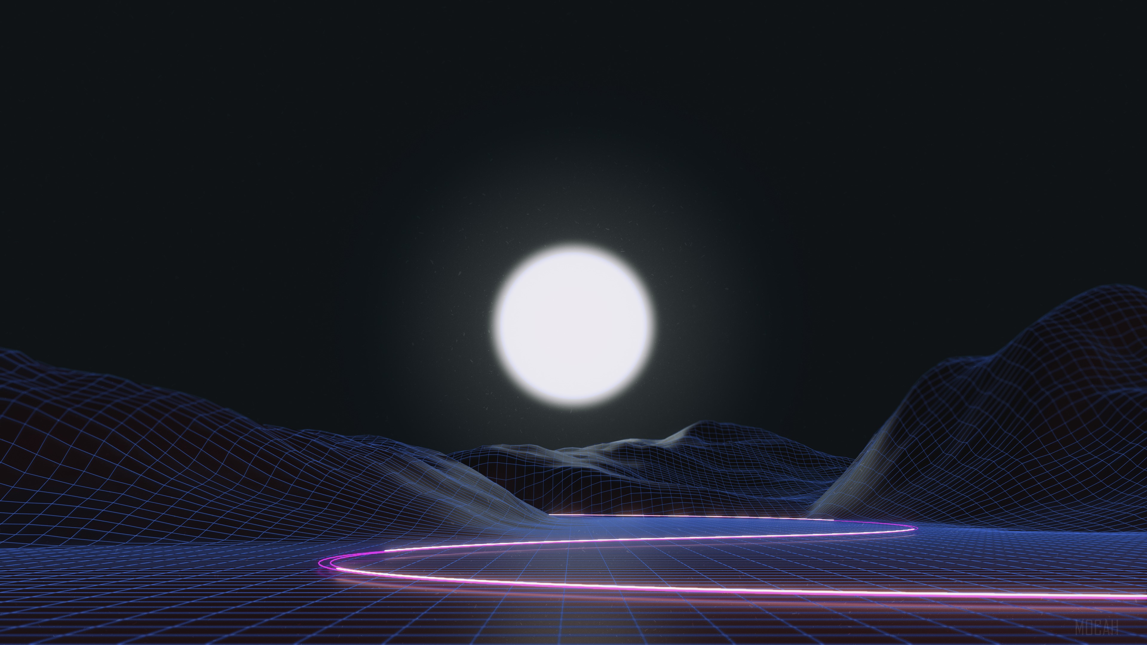 Synthwave landscape with neon road and moon HD Wallpaper