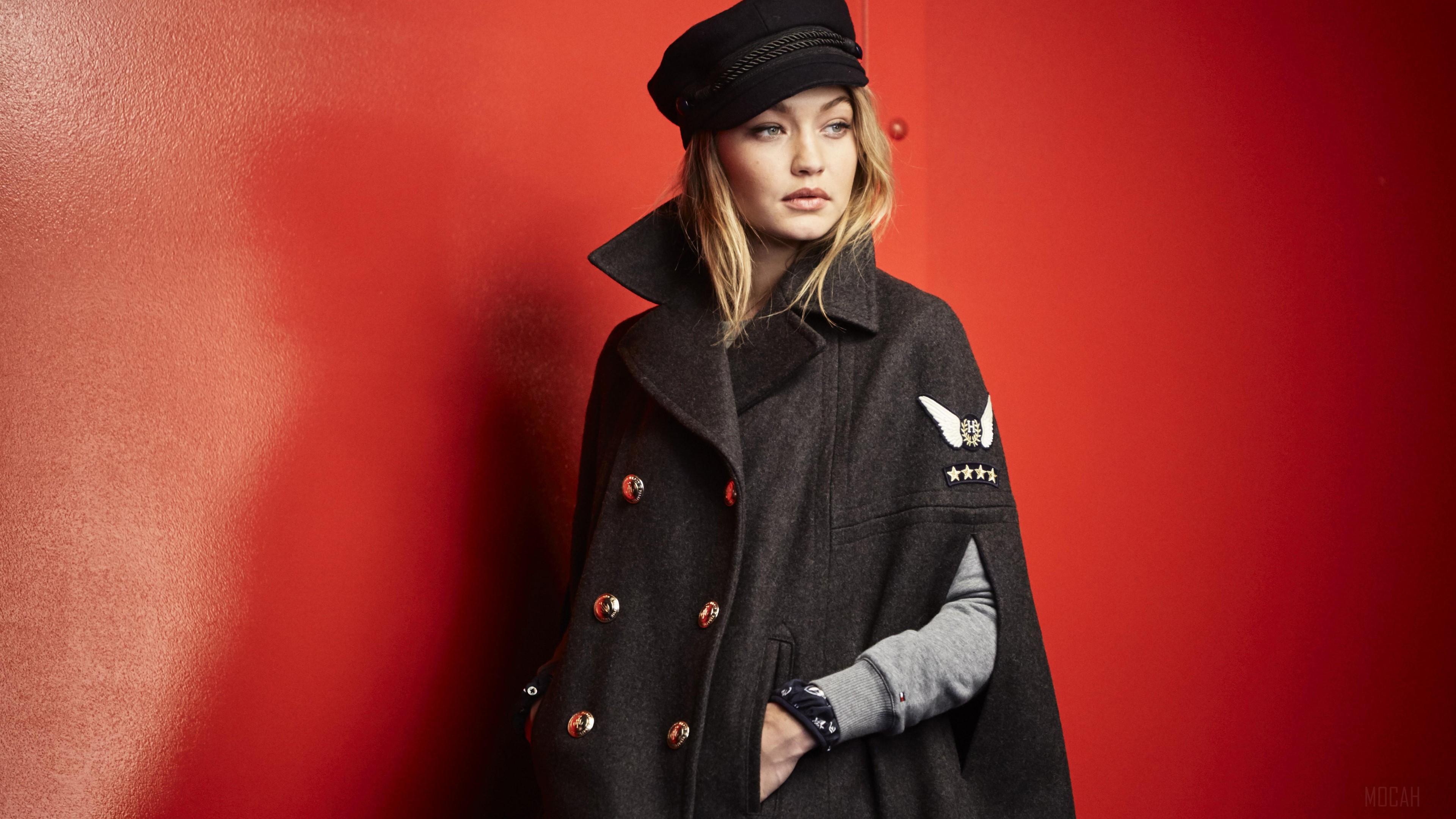 Gigi Hadid in a dark cape and hat HD Wallpaper