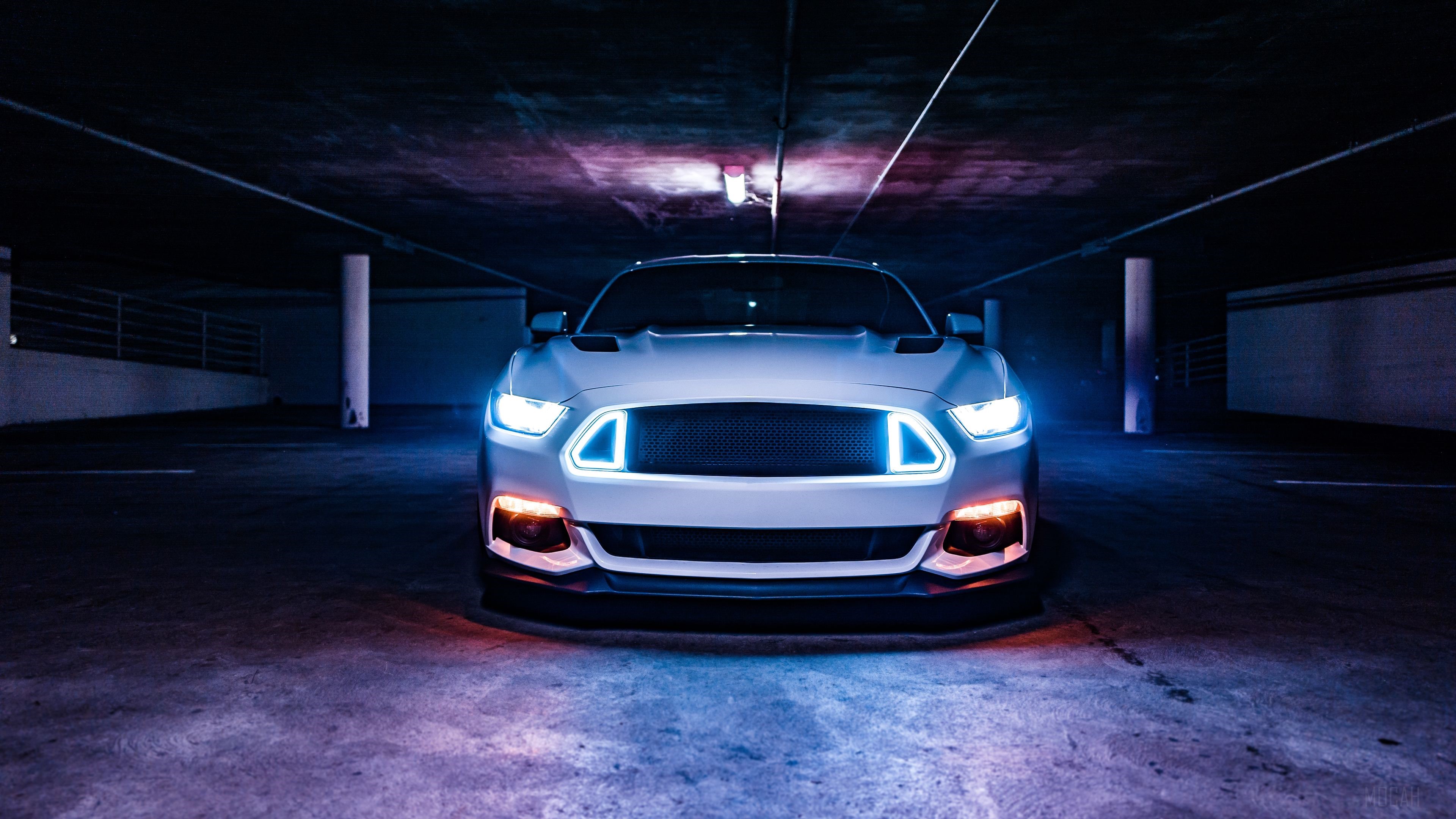 White Ford Mustang with Neon Lights in Parking Garage 4K HD Wallpaper
