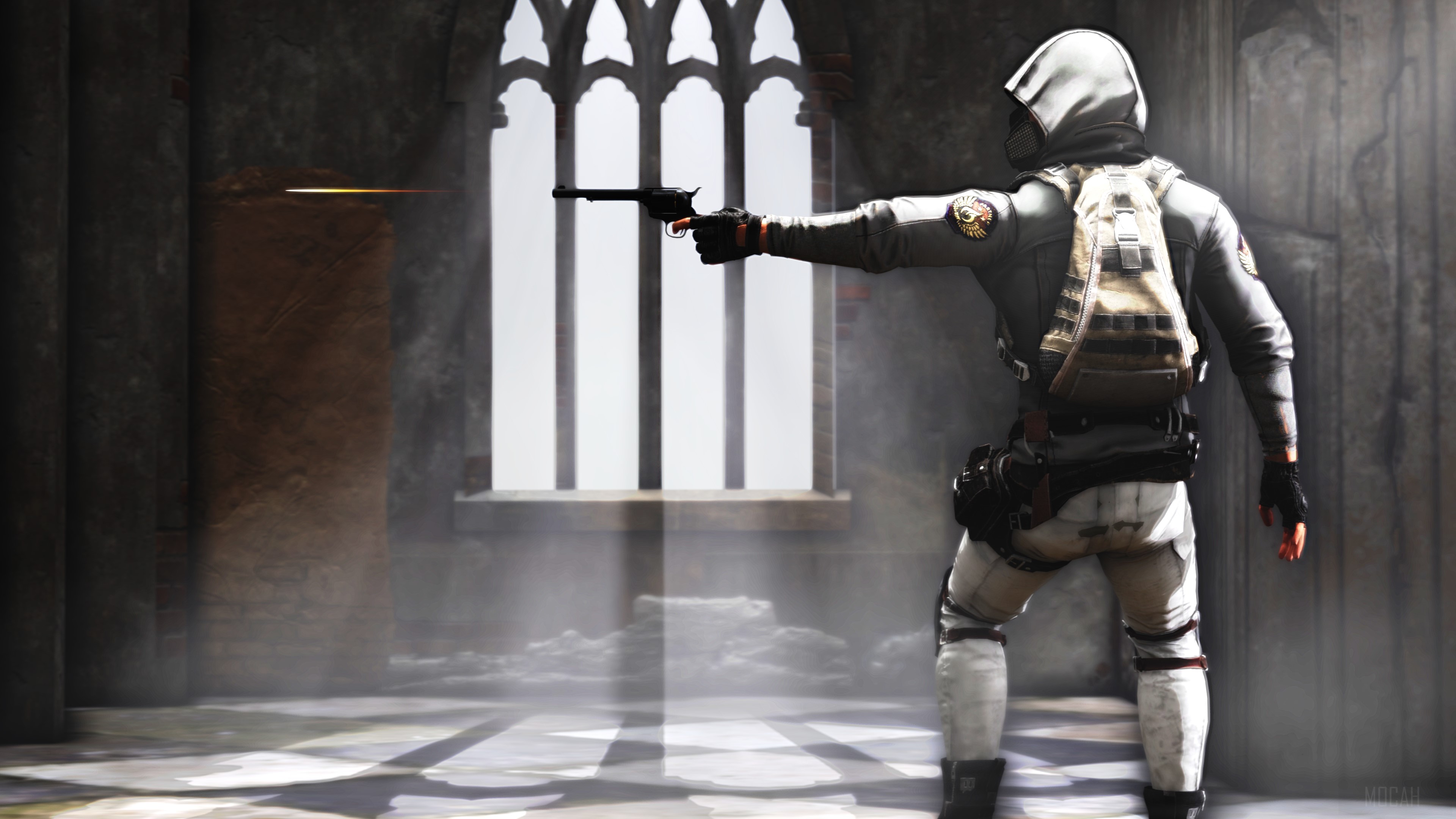Player with gun in church 4K HD Wallpaper