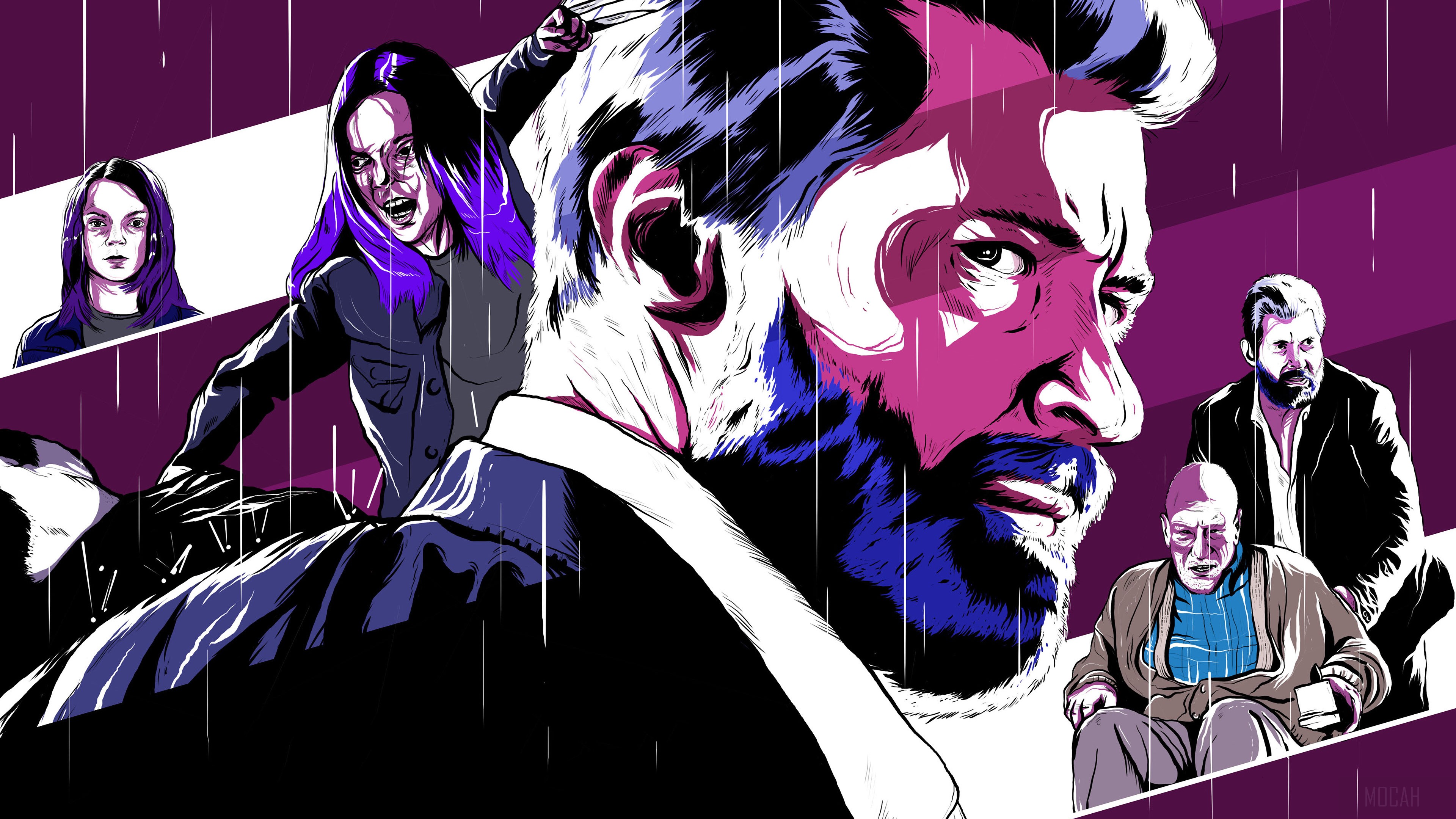 Logan and other characters in a stylized illustration HD Wallpaper