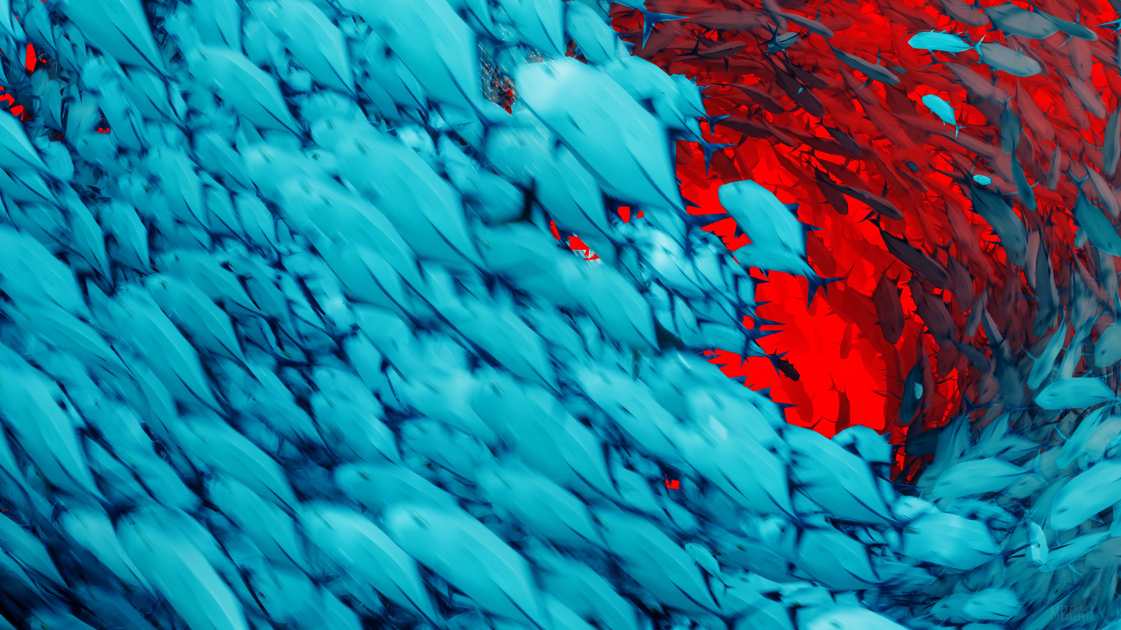 Blue and Red Abstract Fish School 4K HD Wallpaper