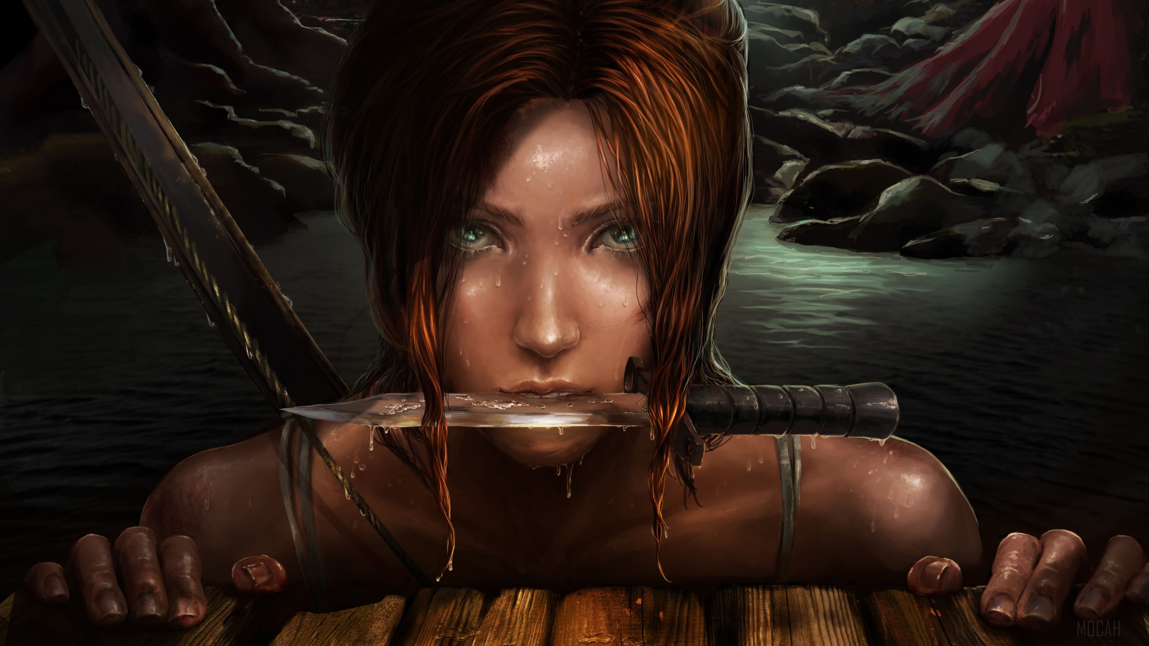 Lara Croft Emerging from Water with Knife 4K HD Wallpaper