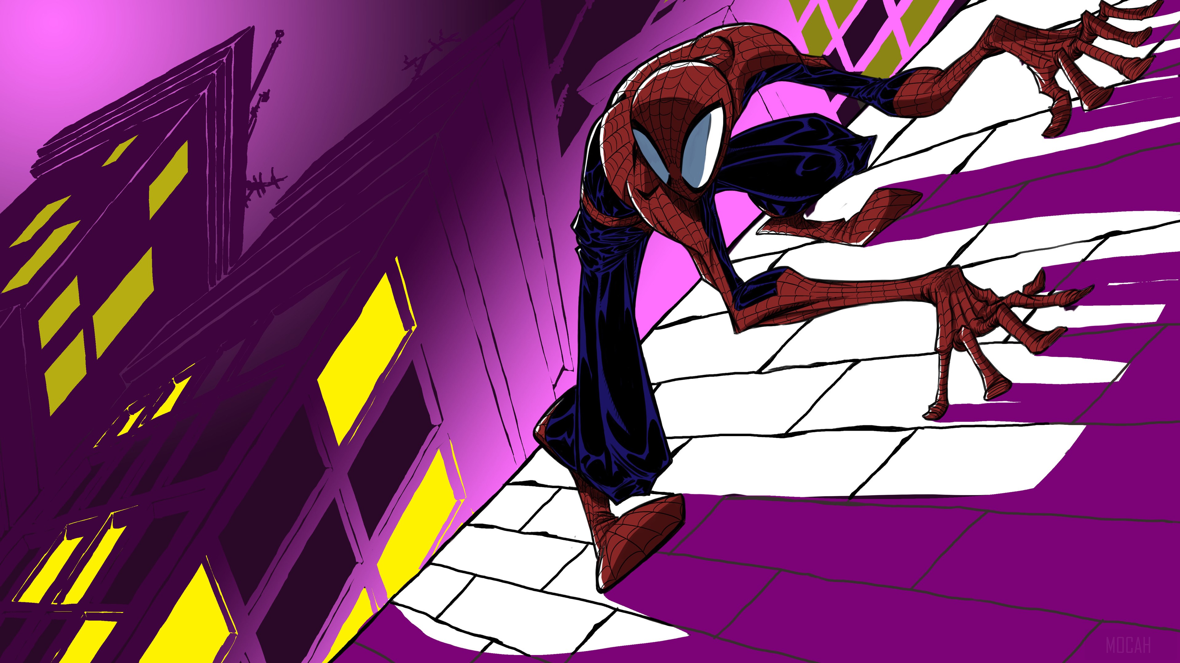 Spider-Man on a rooftop at night HD Wallpaper