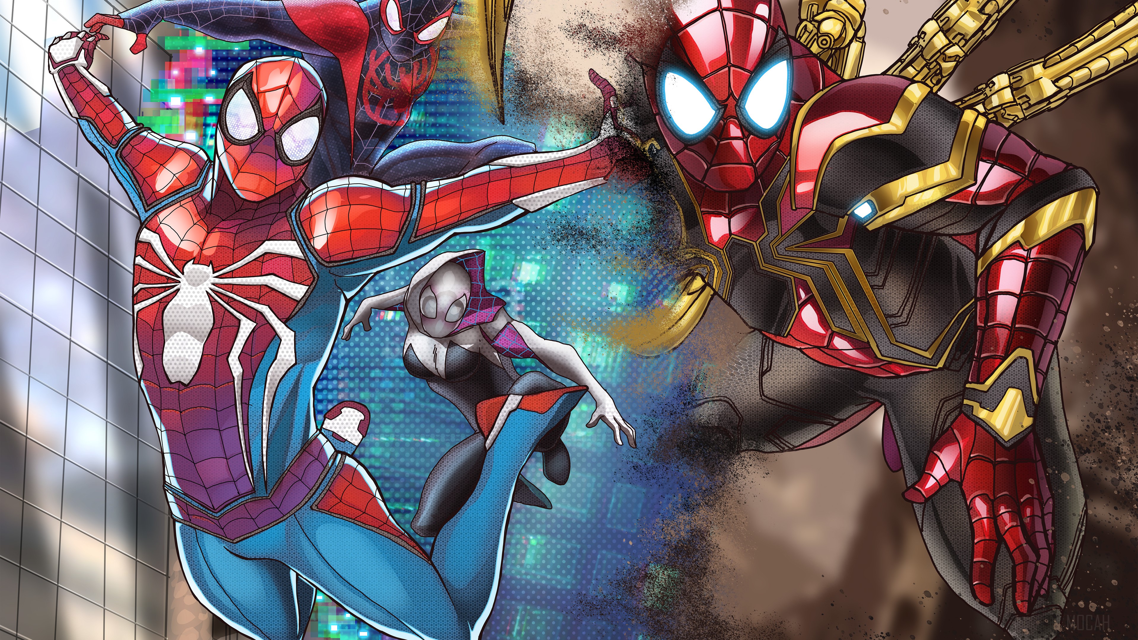 Spider-Man, Spider-Gwen, and Iron Spider from Into The Spider Verse 4K HD Wallpaper