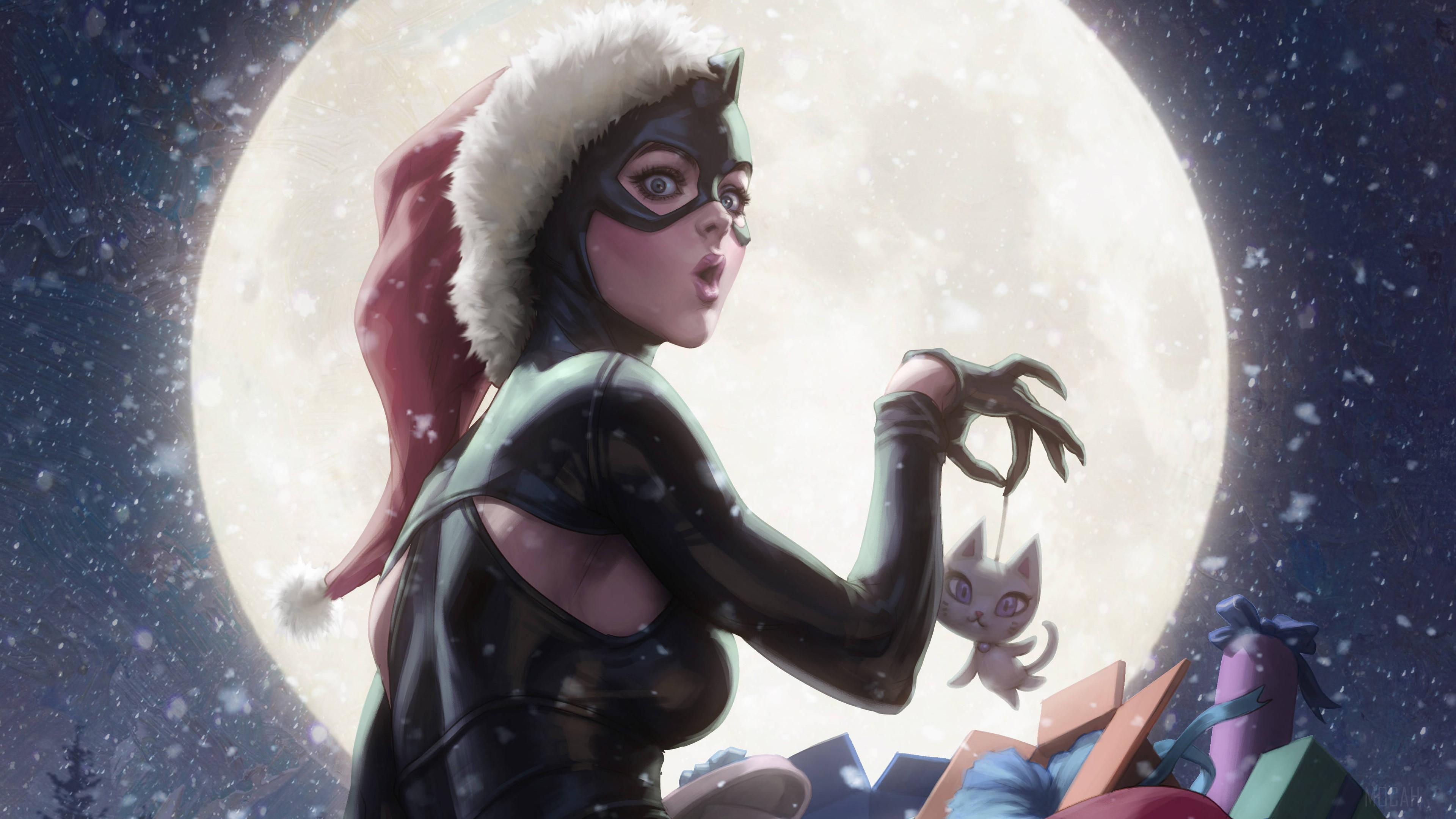 Catwoman with a Santa hat and a toy cat HD Wallpaper