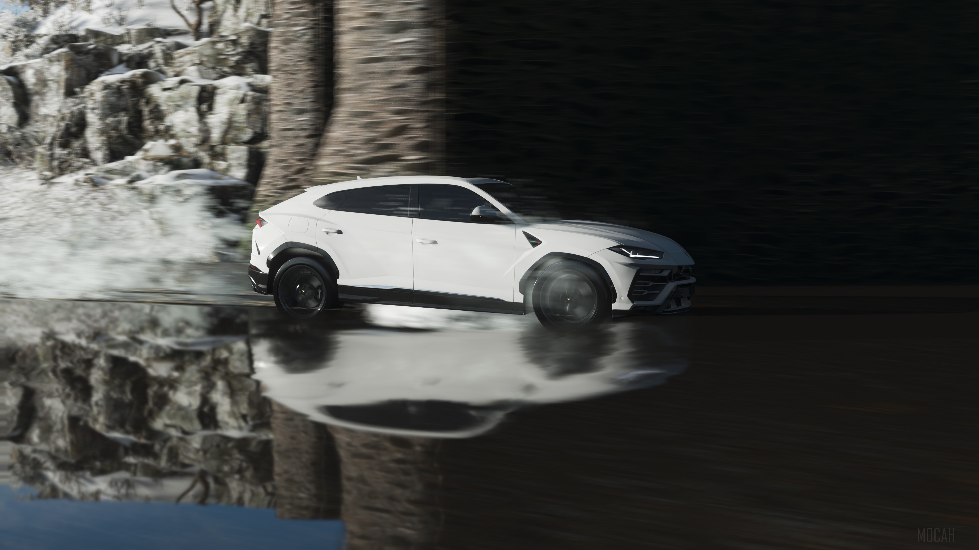 White Lamborghini Urus driving on wet road HD Wallpaper
