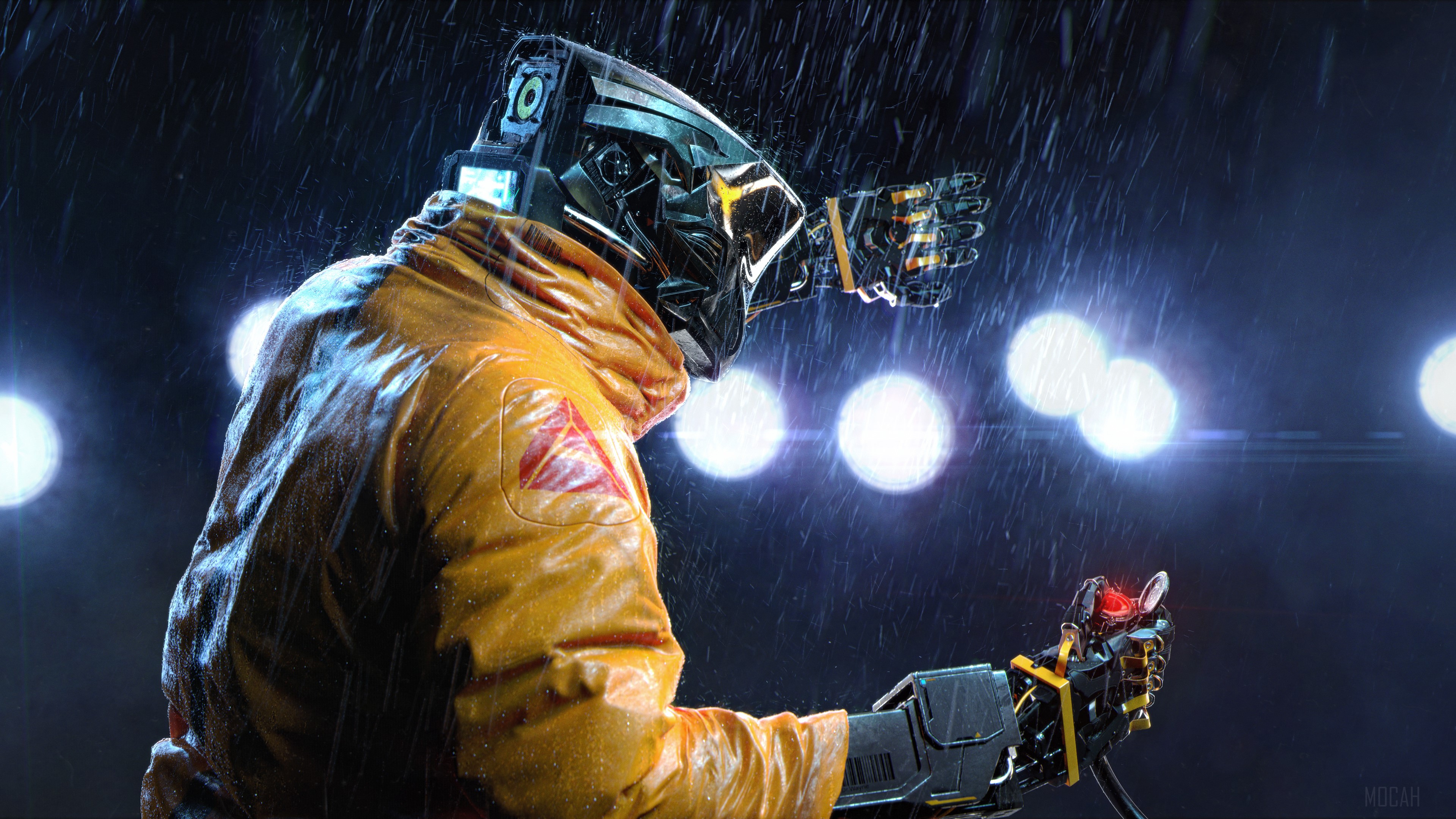 Robot in yellow jacket in the rain 4K HD Wallpaper