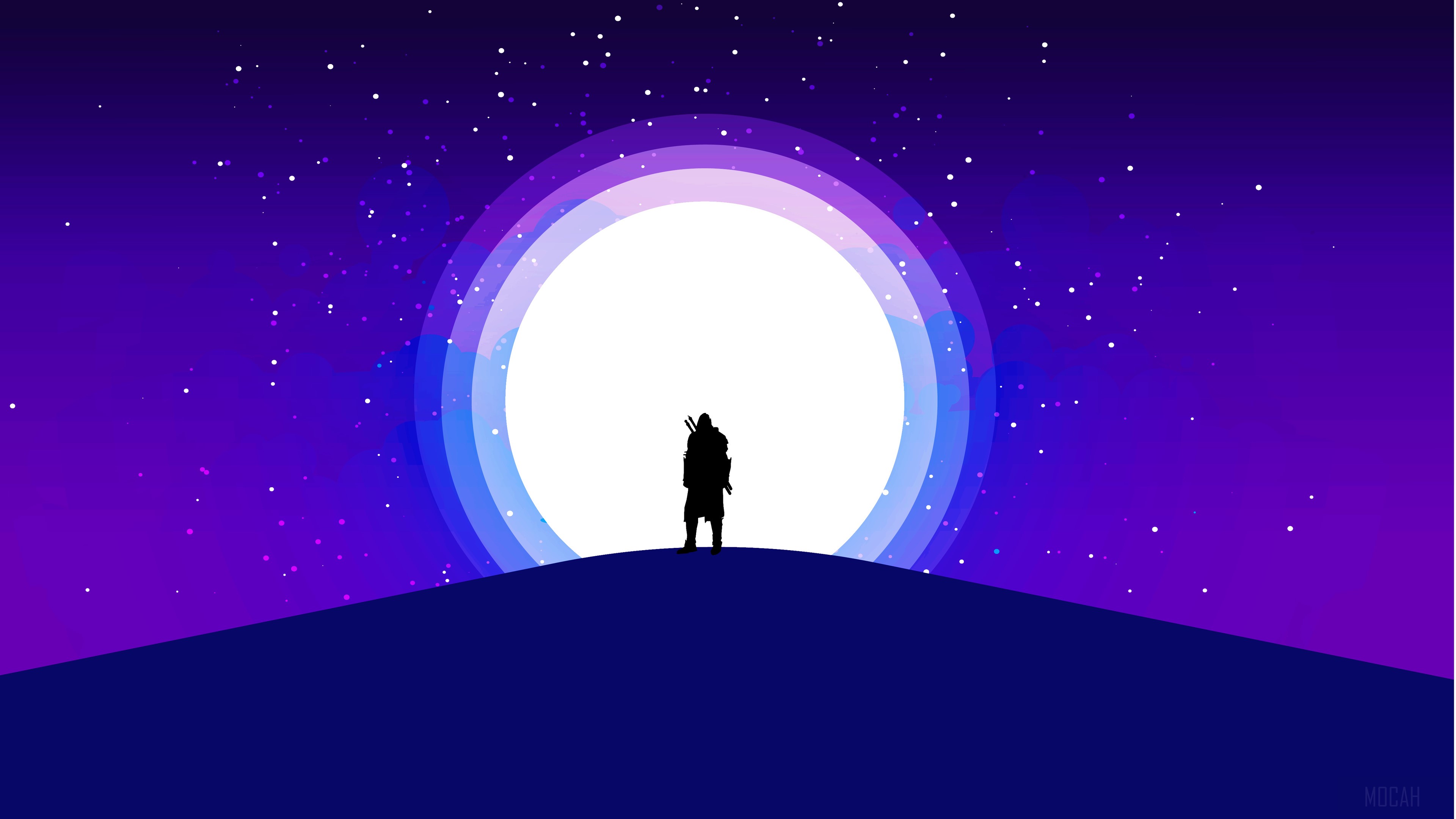 Silhouette warrior against a large moon and starry sky HD Wallpaper