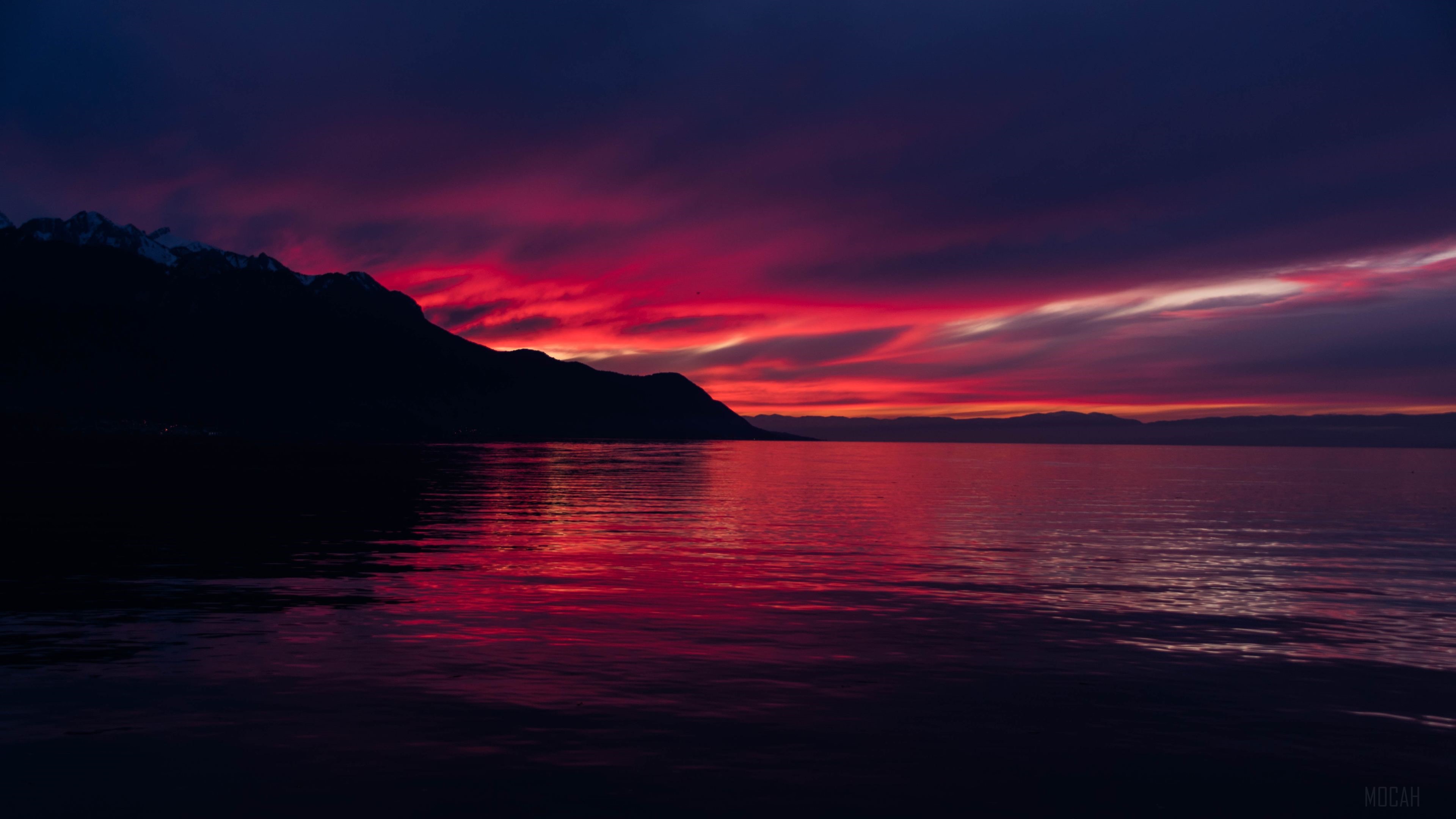 Dark Sunset over Mountains and Lake 4K HD Wallpaper