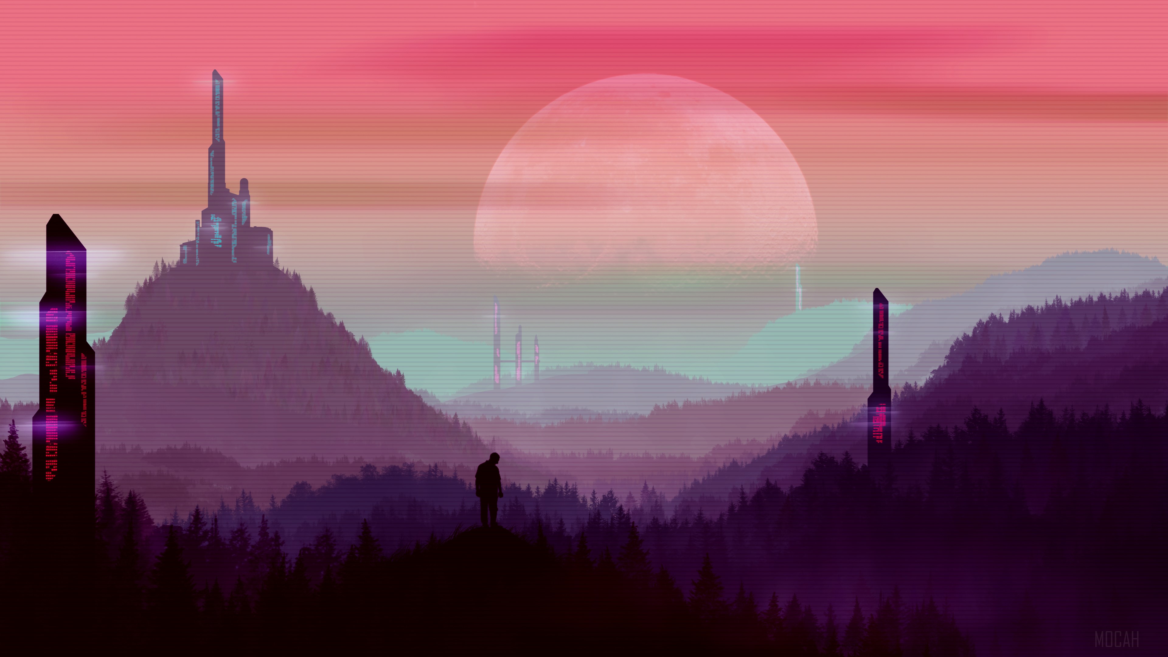 Retro Sci-Fi Landscape with Towers and Moon 4K HD Wallpaper