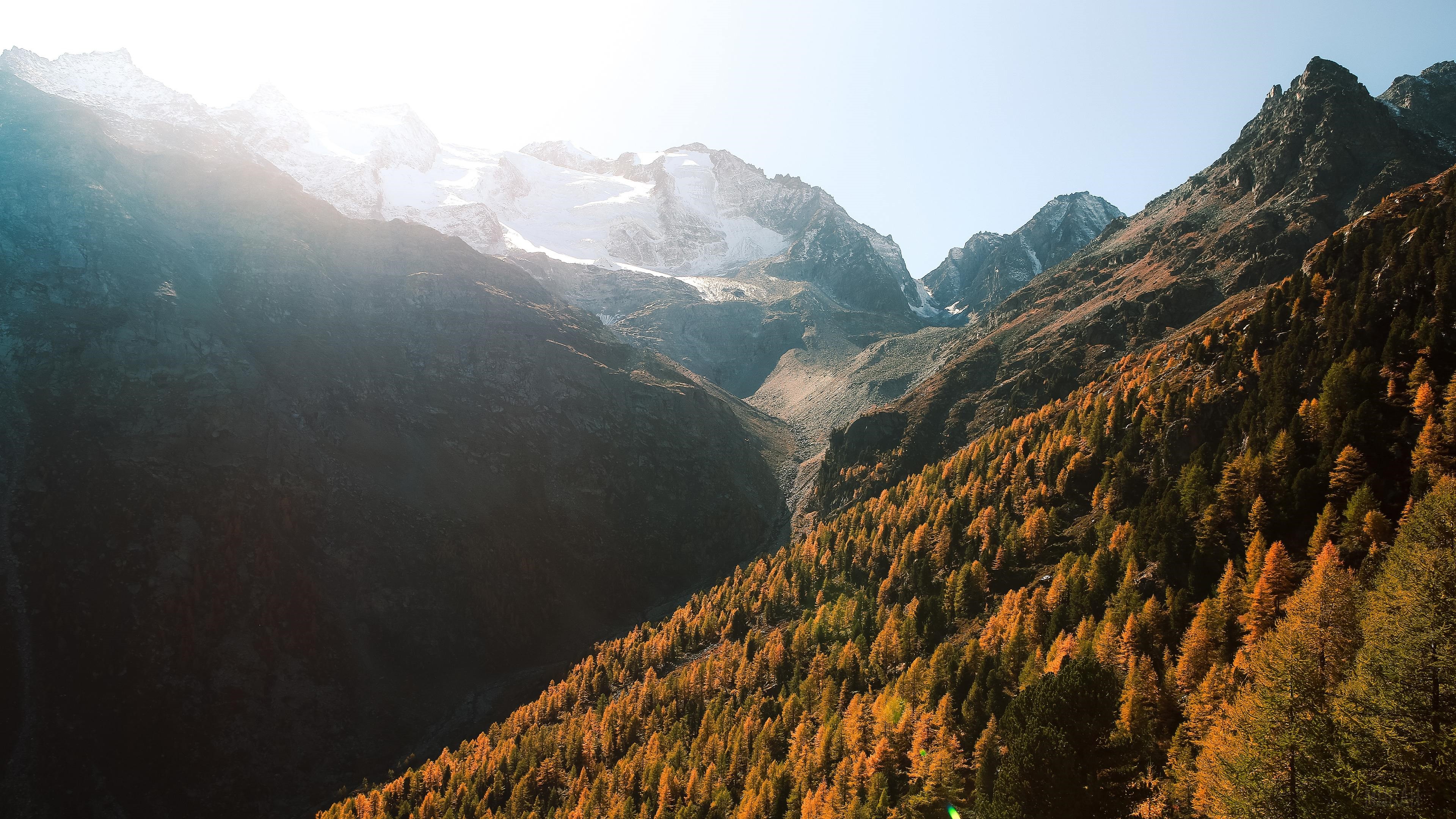 Autumn Mountain Valley with Snow-Capped Peaks HD Wallpaper