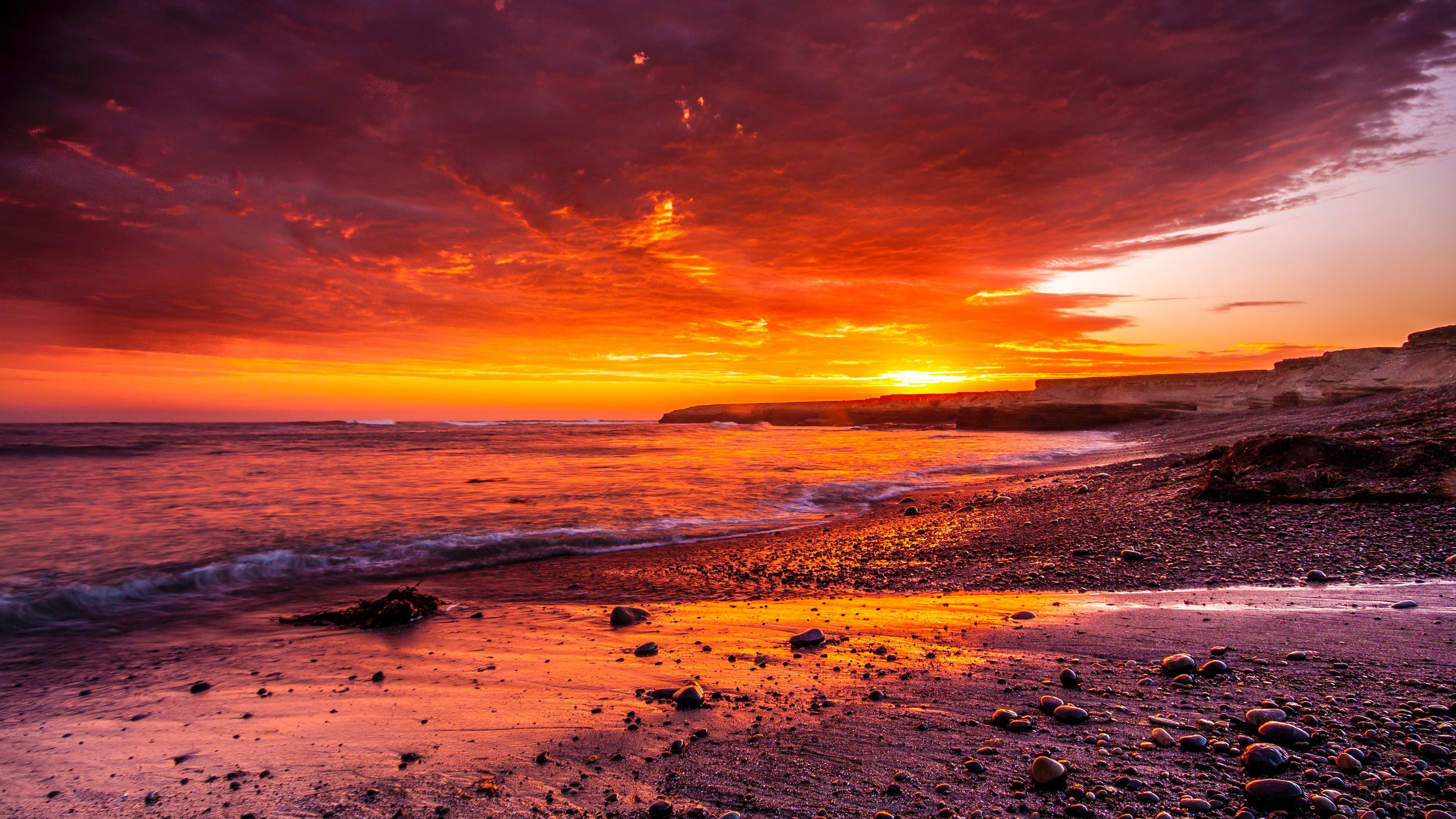 Ocean Coast Sunrise 4K with Fiery Sky HD Wallpaper