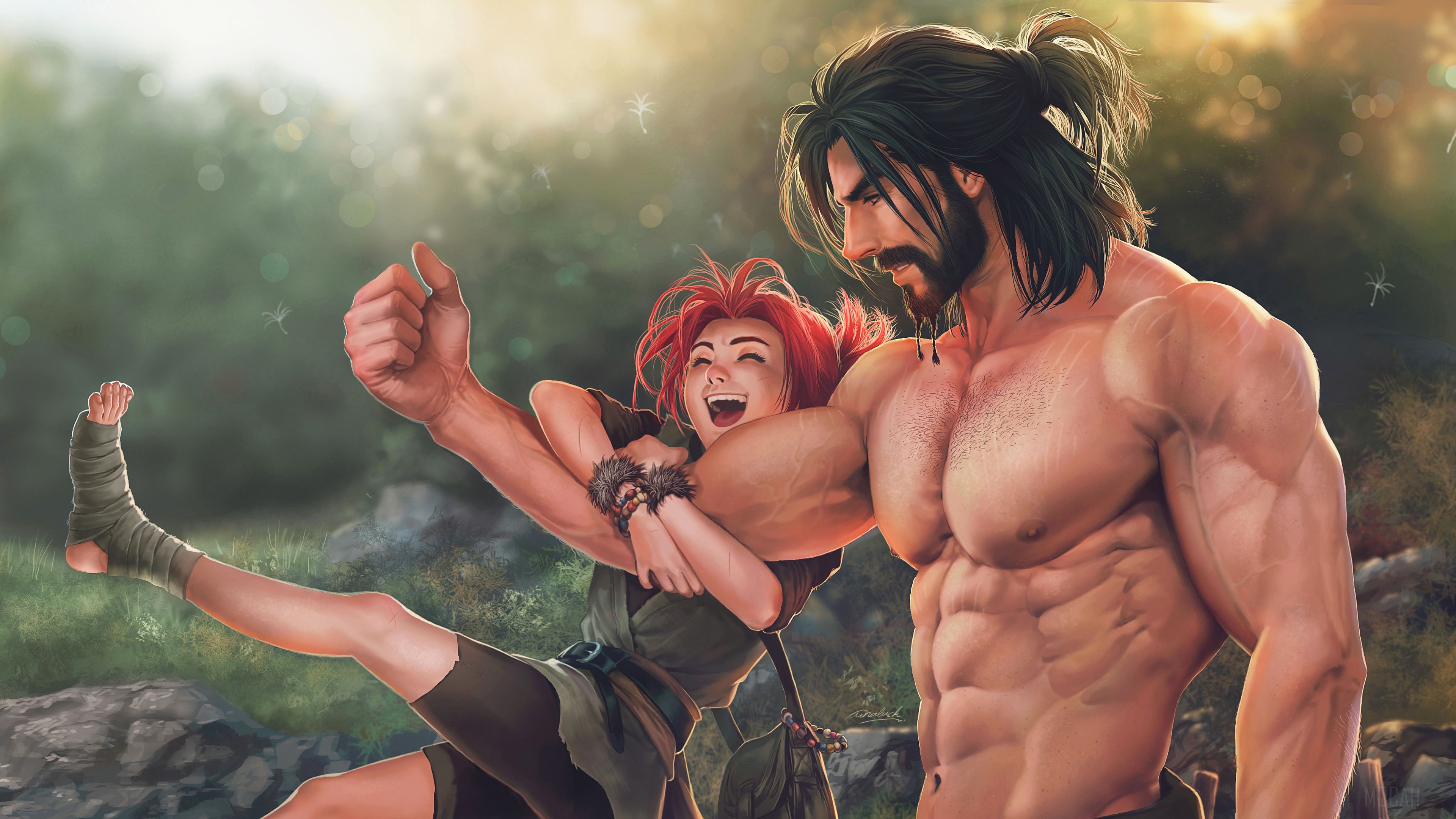 Muscular Man and Young Girl in Forest 4K HD Wallpaper
