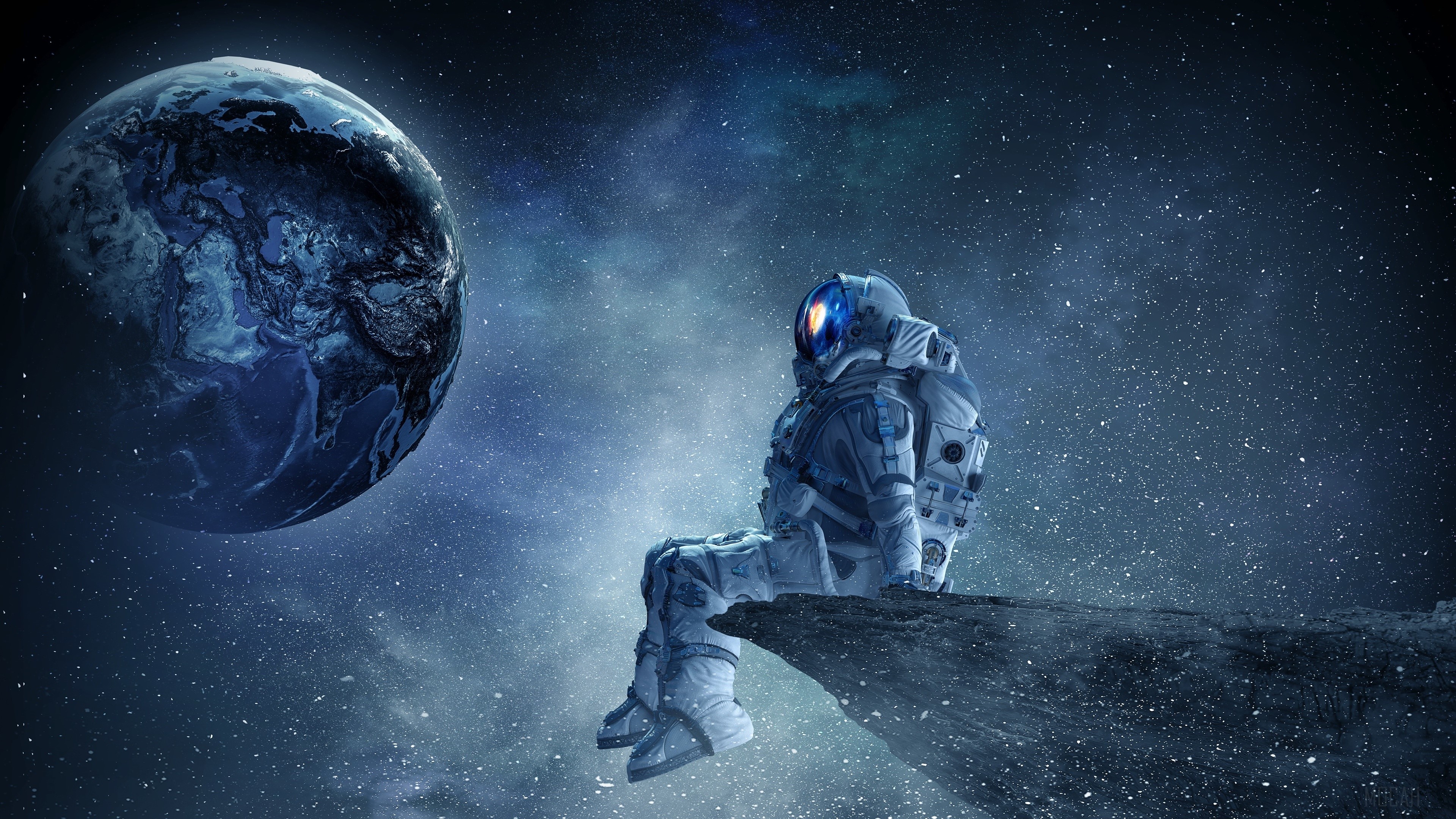 Astronaut sitting on a rock looking at Earth 4K HD Wallpaper