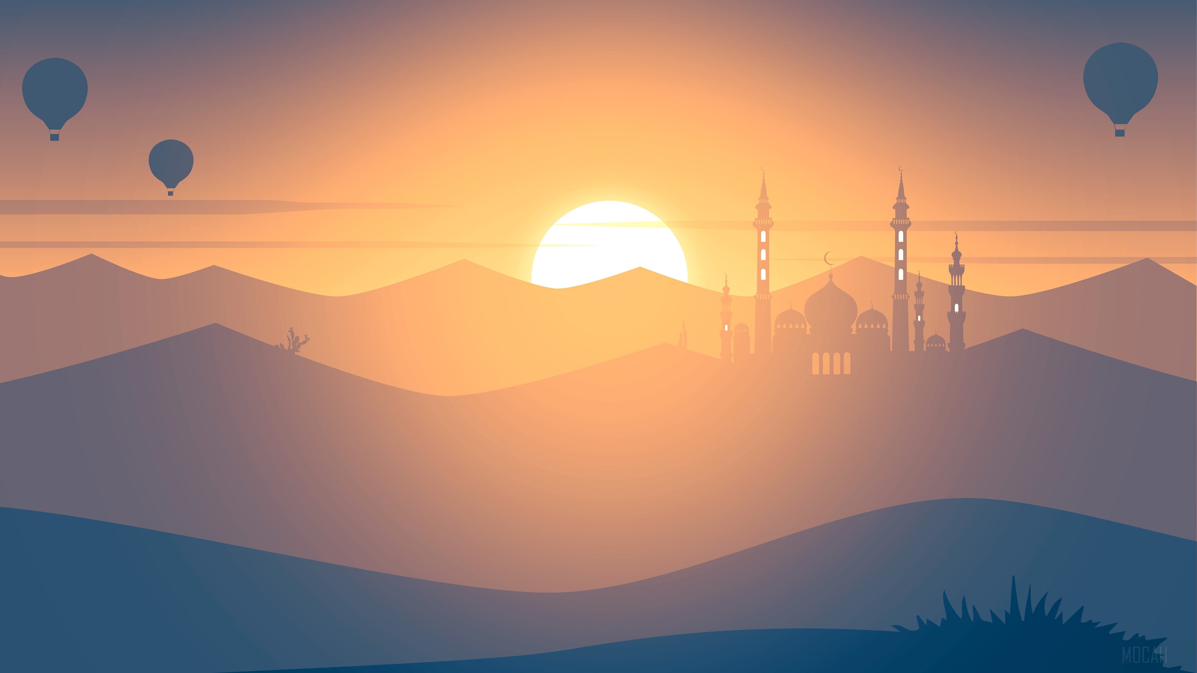Minimalist Mosque Landscape with Hot Air Balloons 4K HD Wallpaper