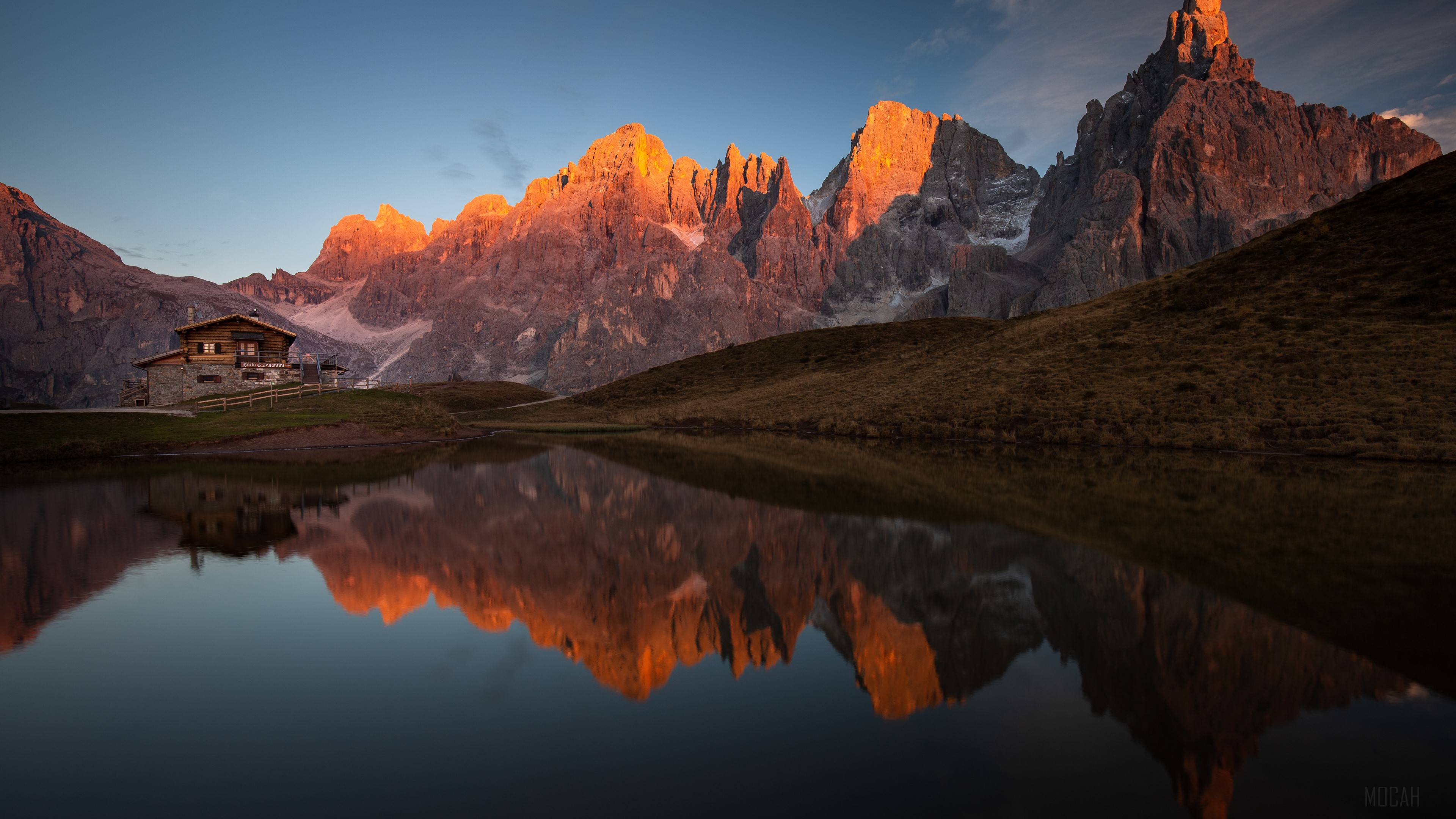 Mountain Cabin Reflected in Lake at Sunrise HD Wallpaper