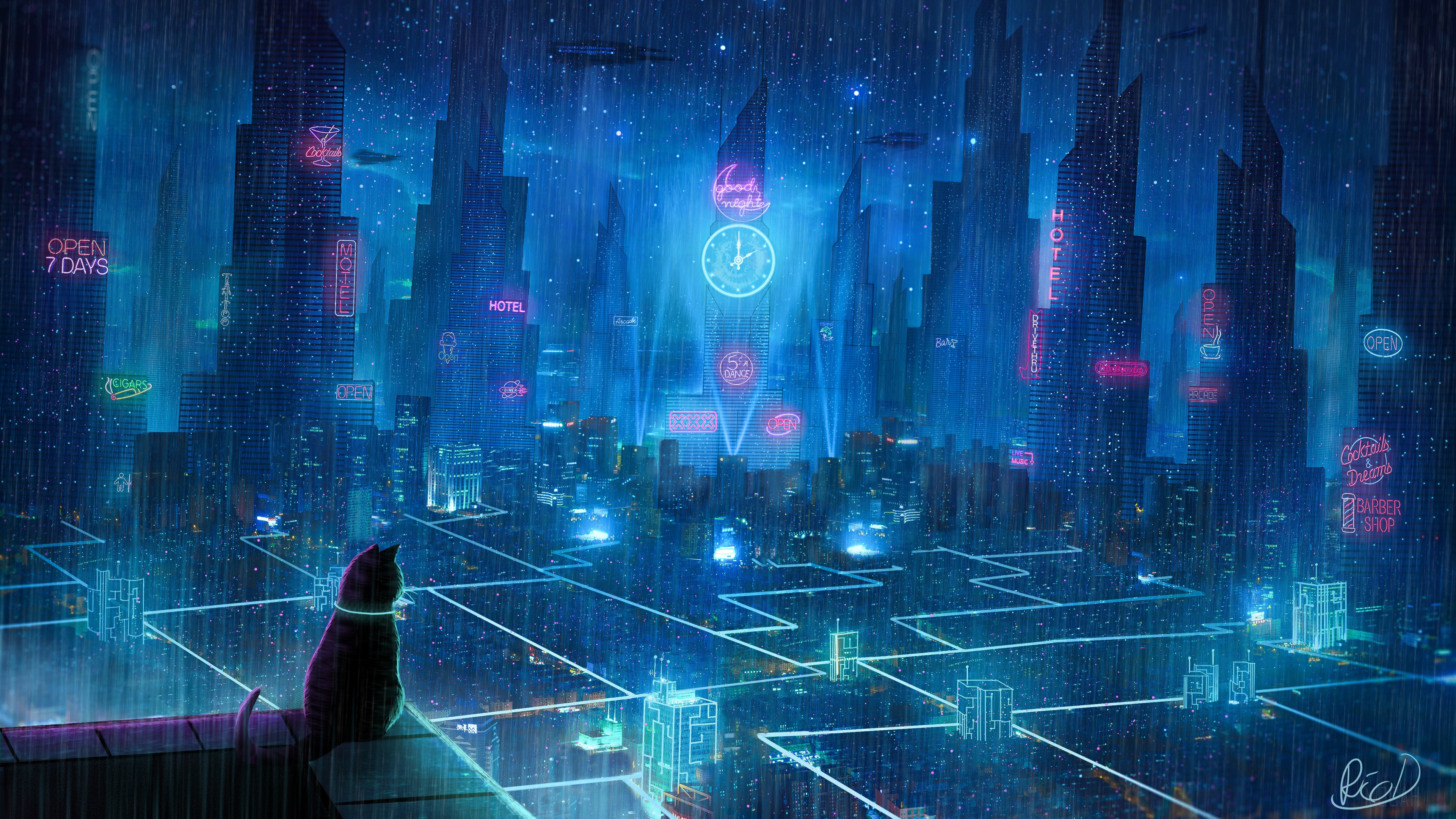 Cat in Cyberpunk City during Rain 4K HD Wallpaper