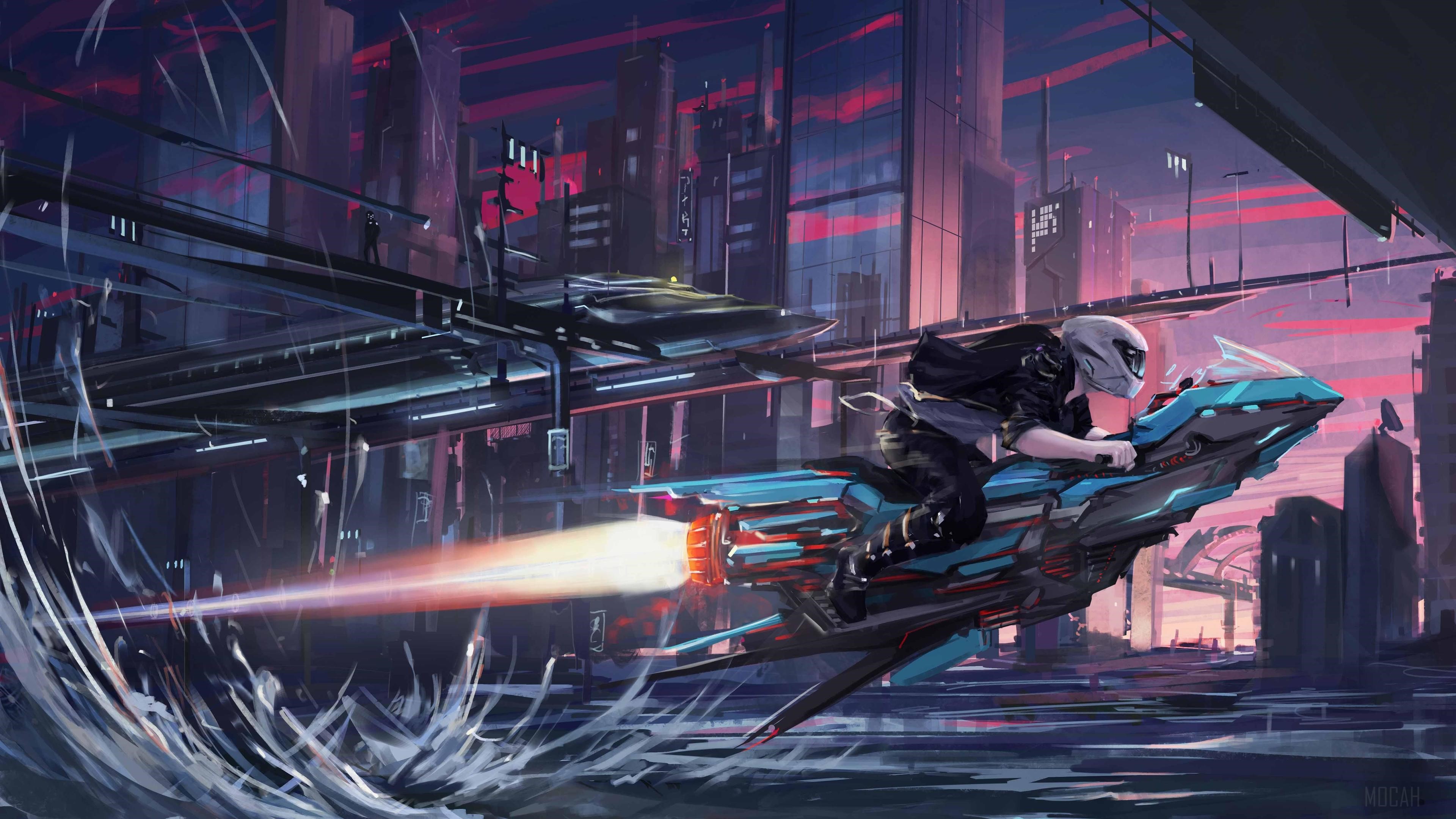 Motorcyclist on futuristic bike with afterburner in city HD Wallpaper