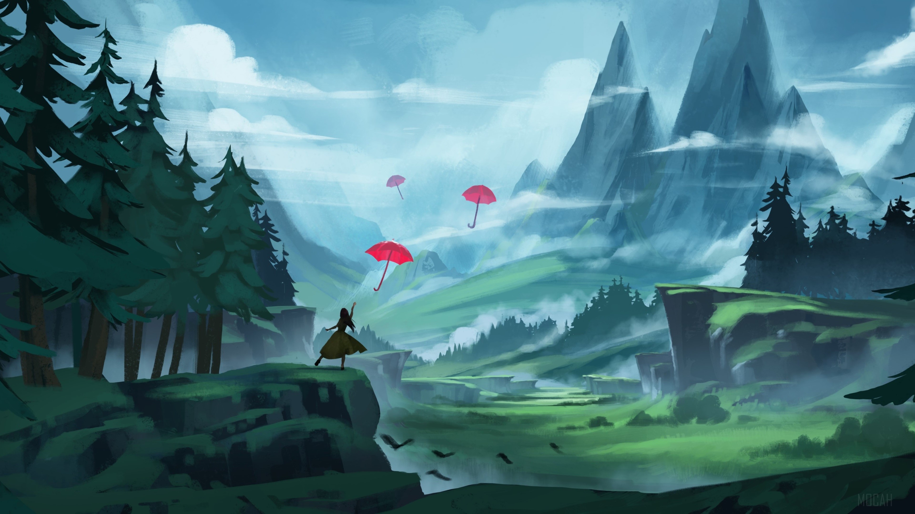 Anime girl with umbrellas in mountains 4K HD Wallpaper