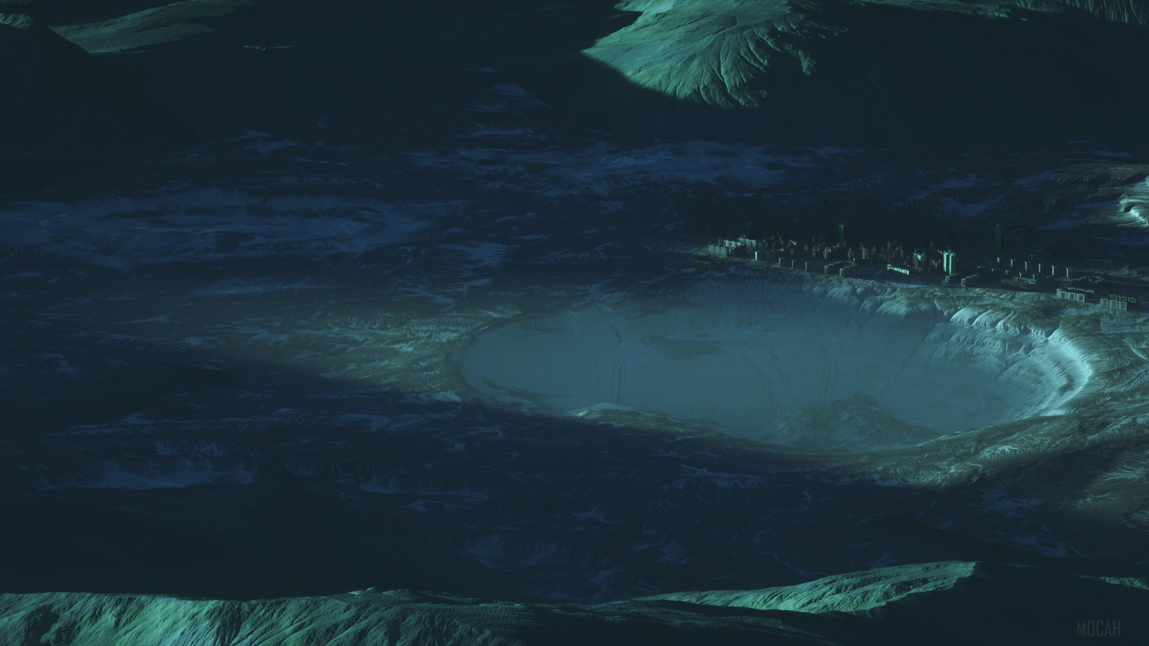 3D Render of a Soviet Union City in a Crater 4K HD Wallpaper