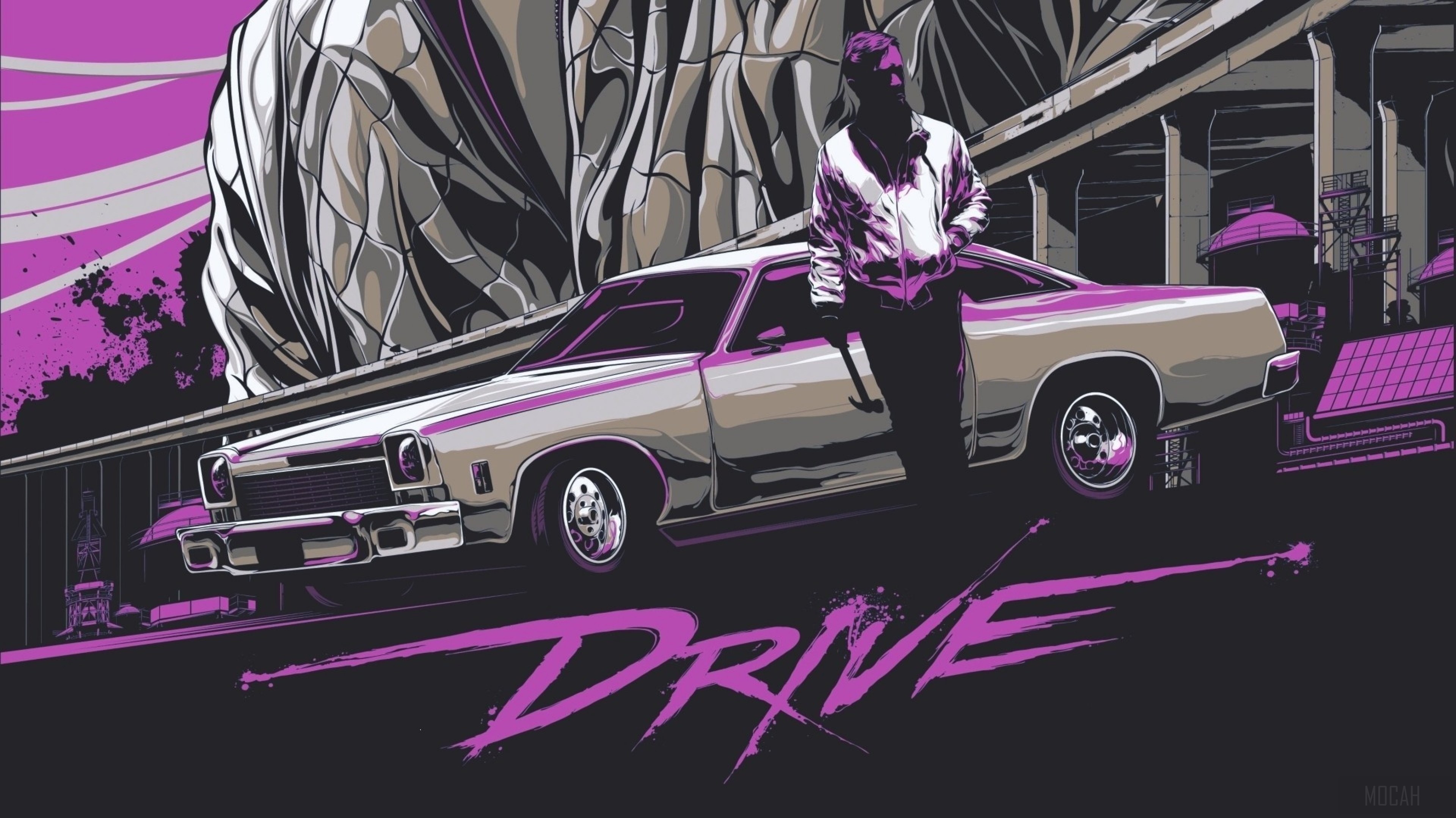 Drive movie poster with car and man HD Wallpaper