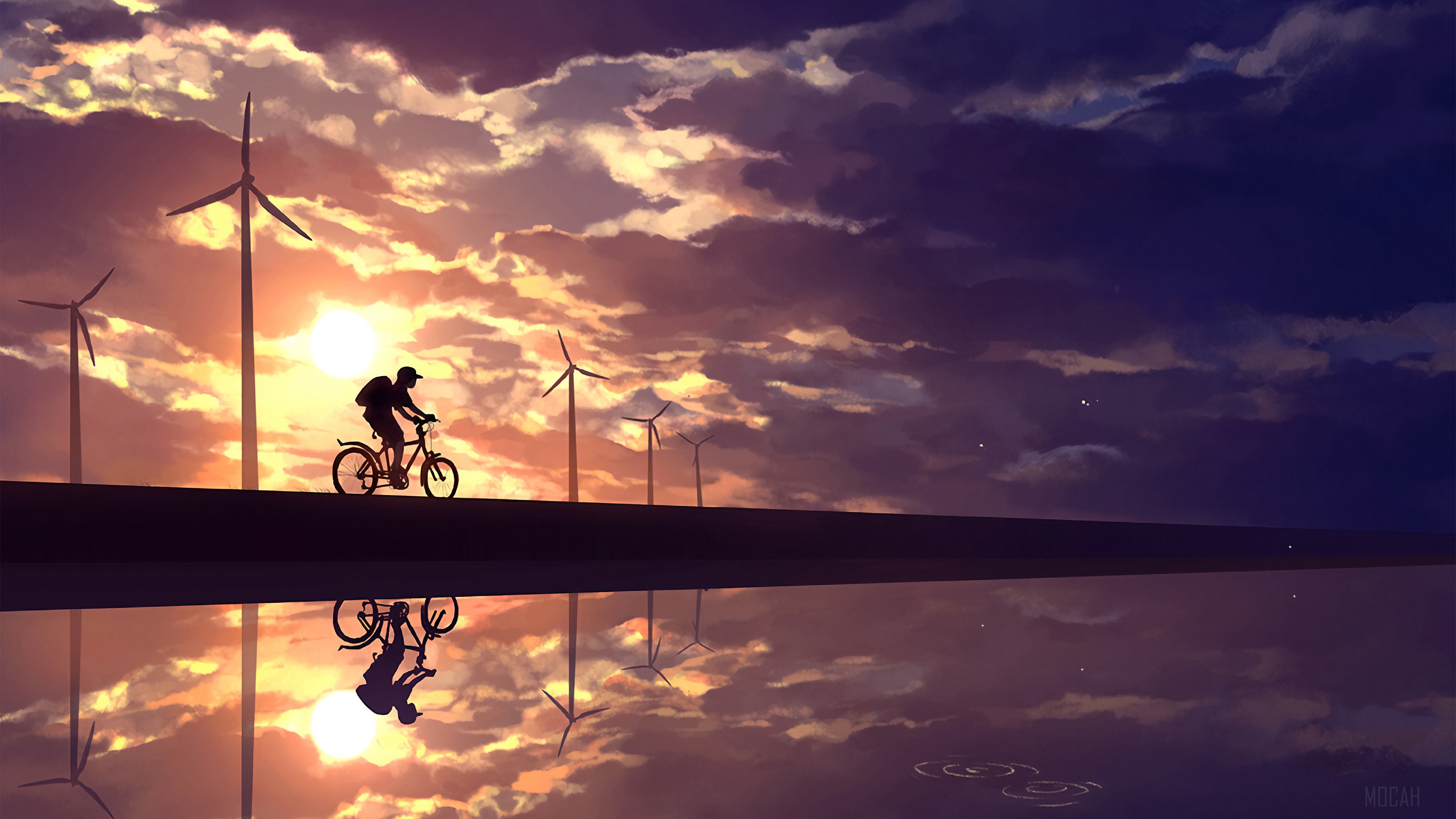 Silhouette of a person cycling near wind turbines at sunset HD Wallpaper