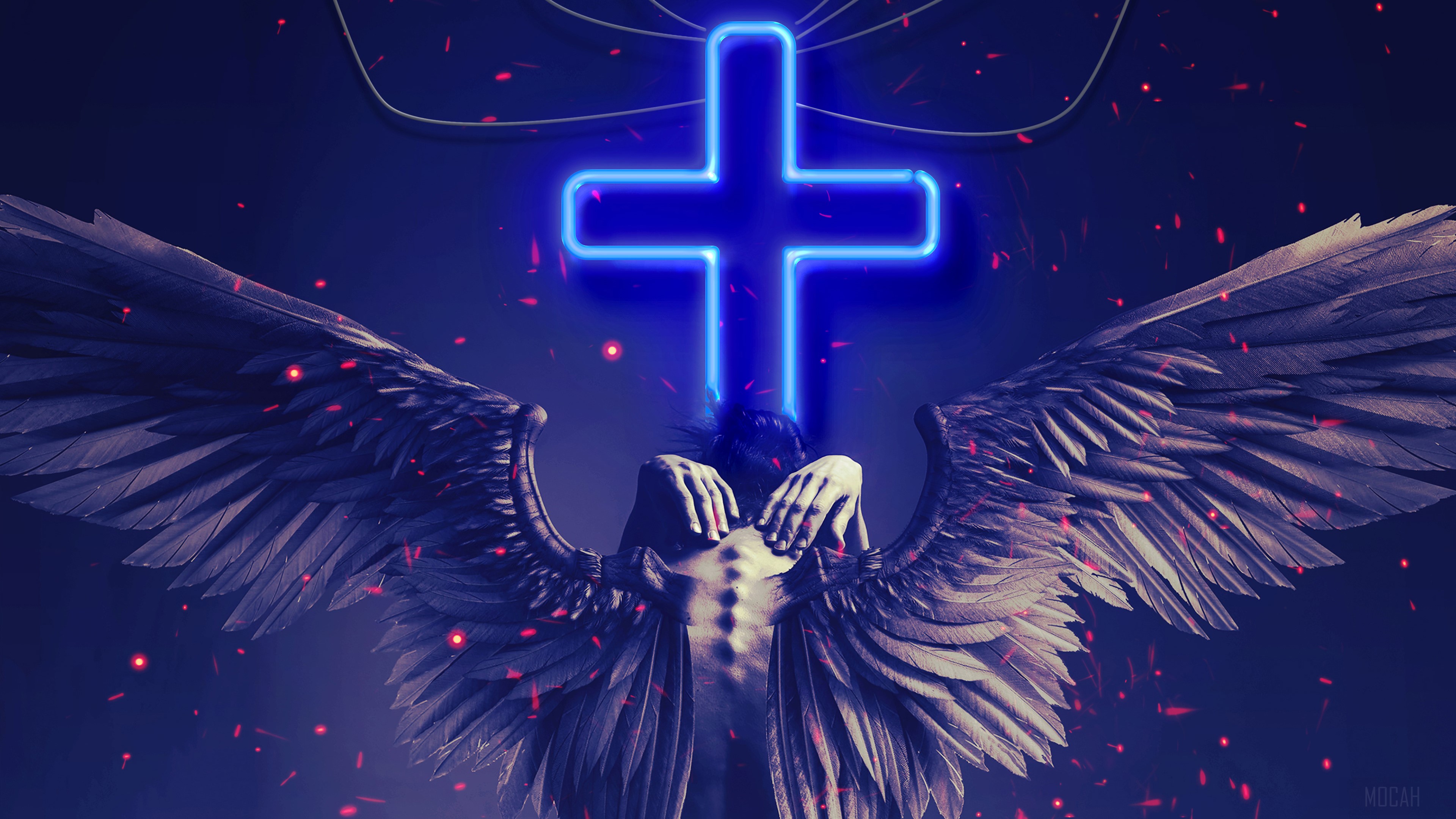 Broken Angel with Blue Neon Cross 4K HD Wallpaper