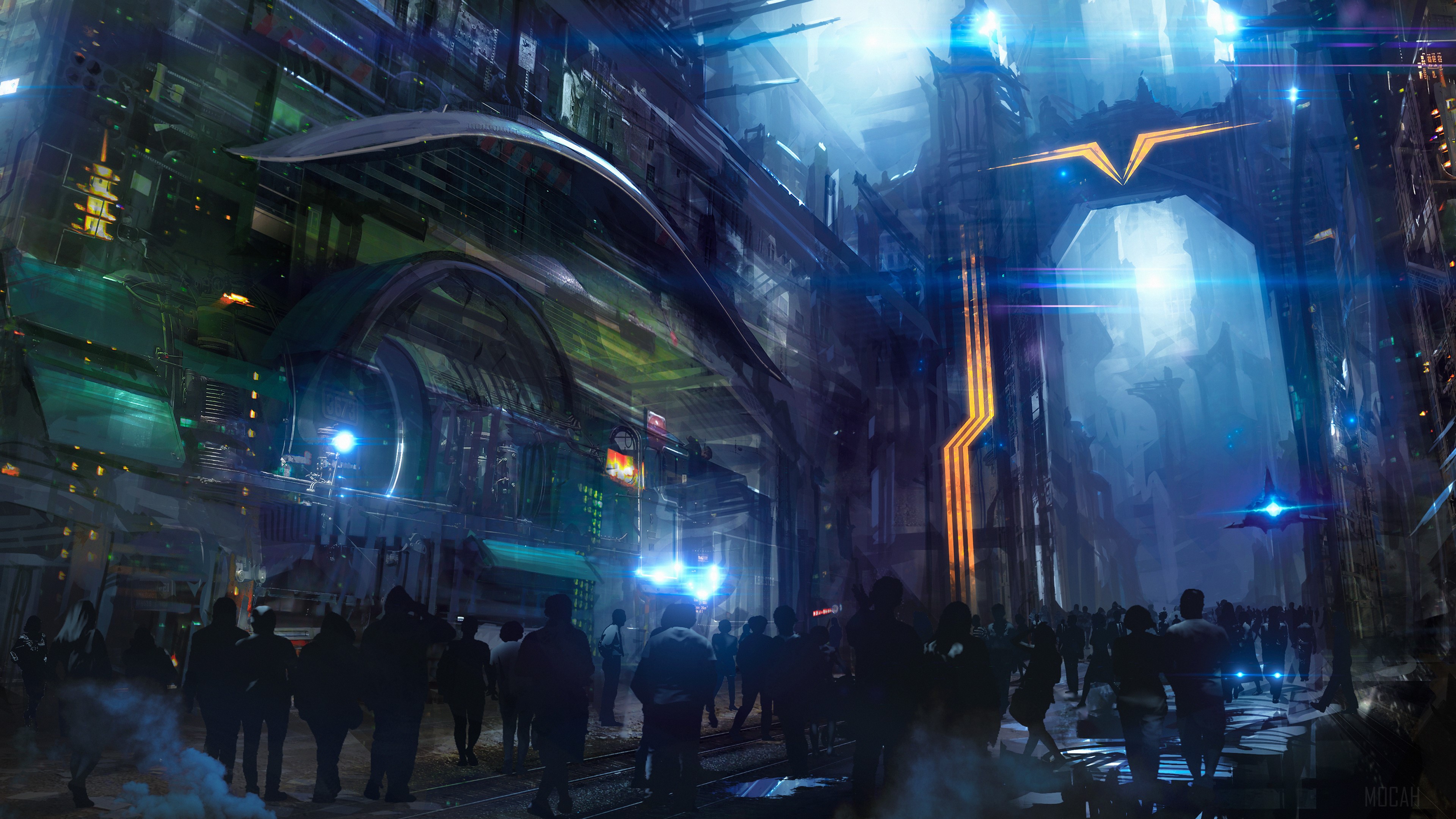 Futuristic Cityscape with Crowds and Flying Vehicles 4K HD Wallpaper