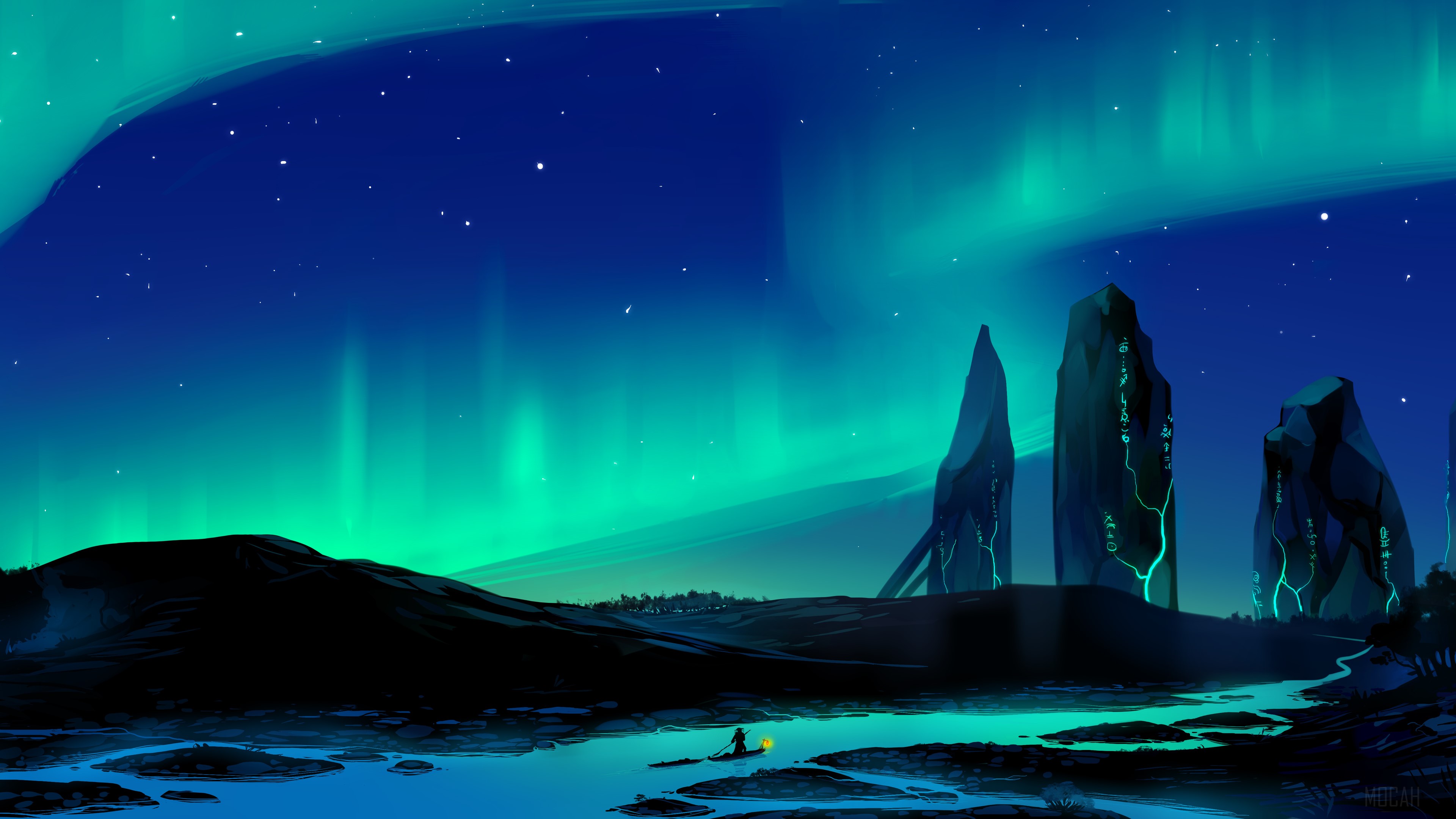 Aurora Borealis over Standing Stones and a Village HD Wallpaper