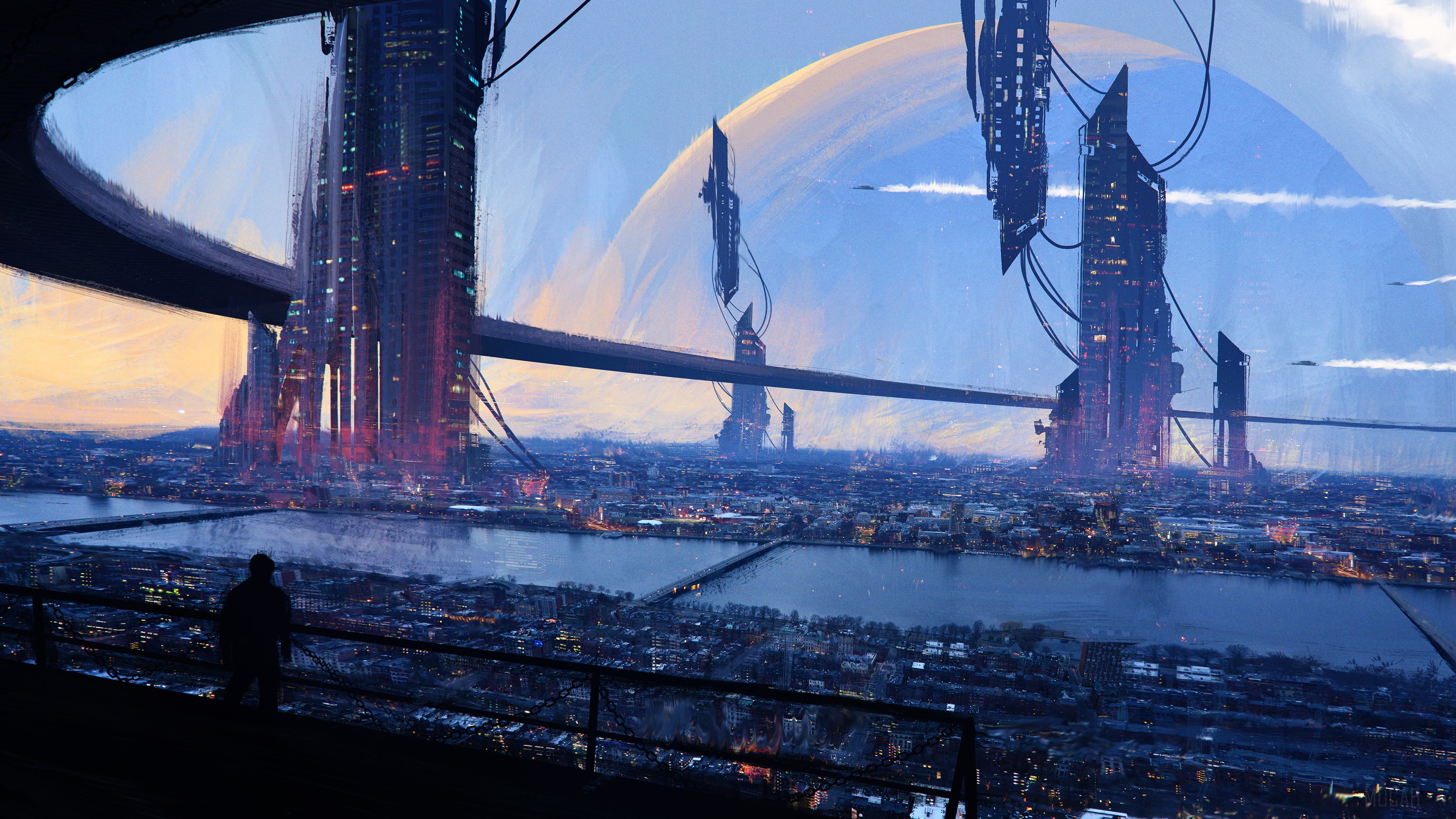 Futuristic Cityscape with Giant Structures and Planet HD Wallpaper