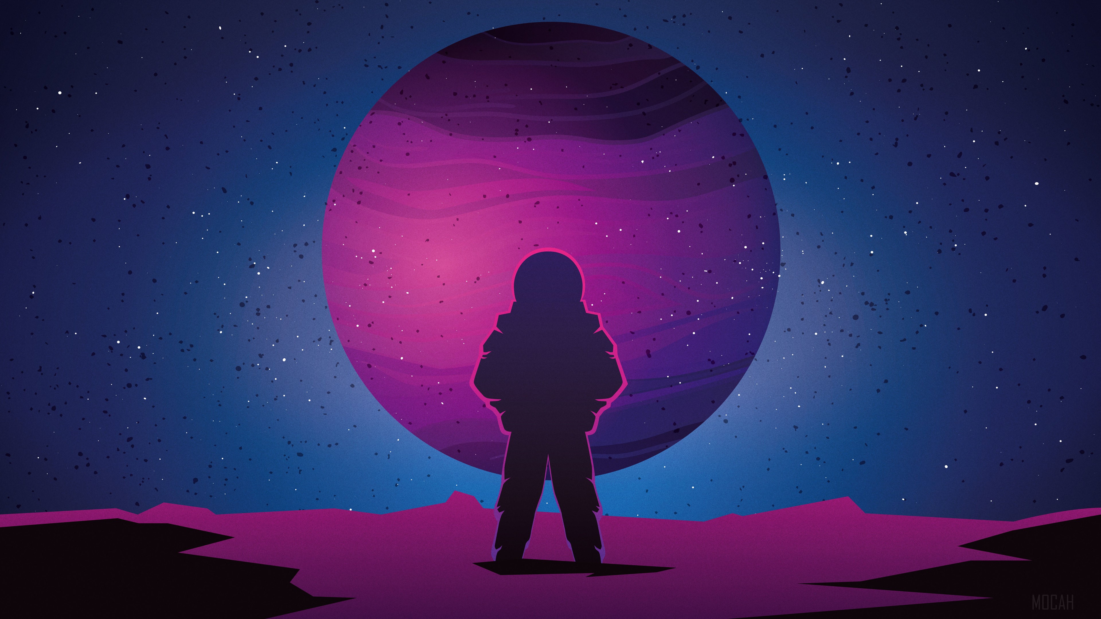 Astronaut standing on alien planet with large planet in background HD Wallpaper