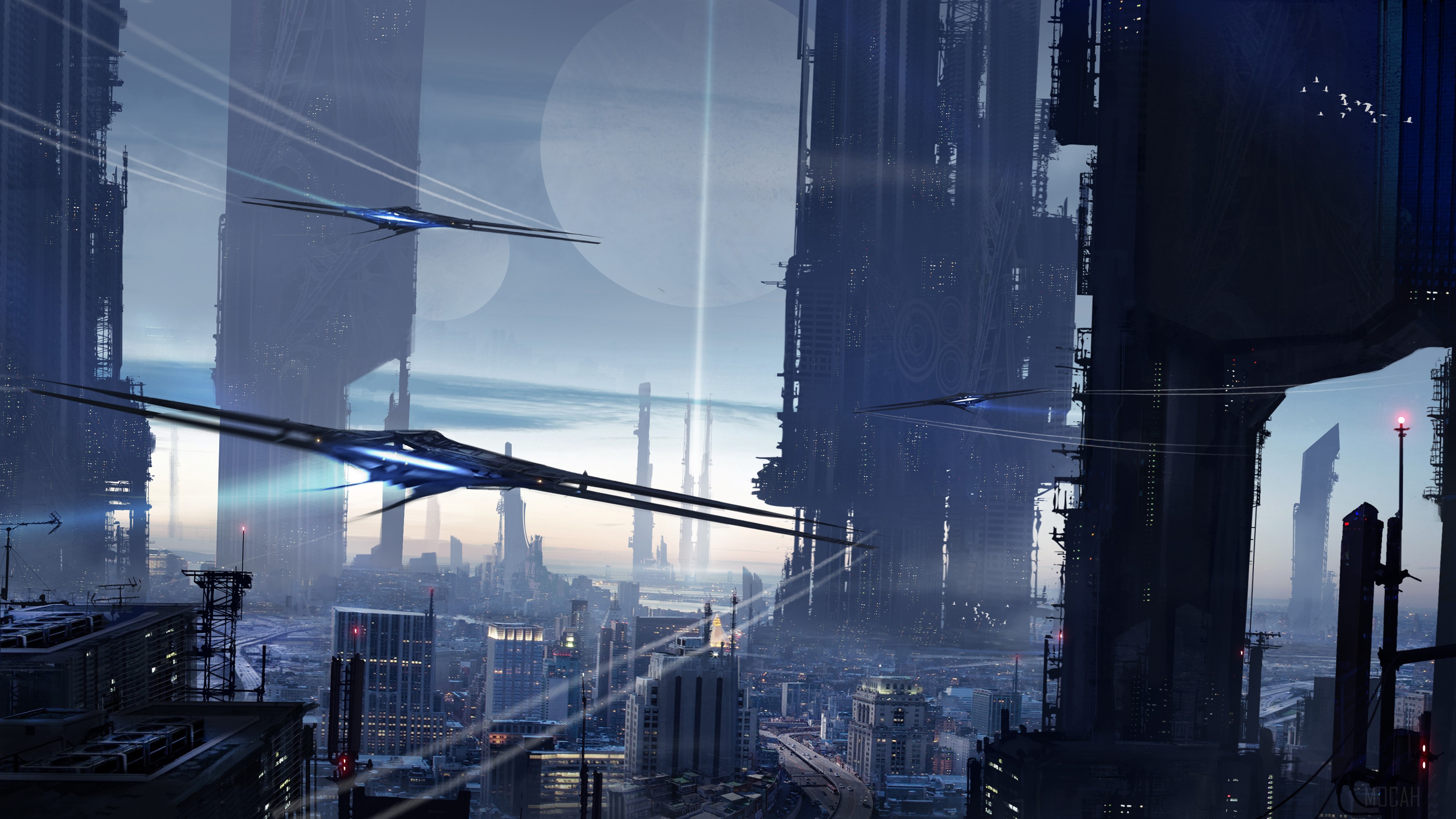 Futuristic city with flying vehicles in 4K HD Wallpaper