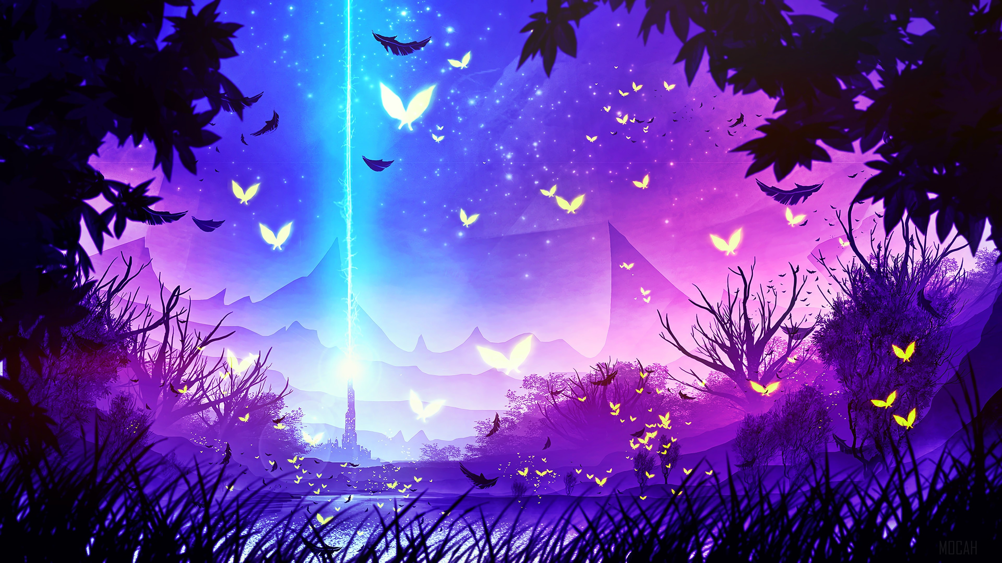 Fantasy Landscape with Glowing Butterflies and Light Beam 4K HD Wallpaper