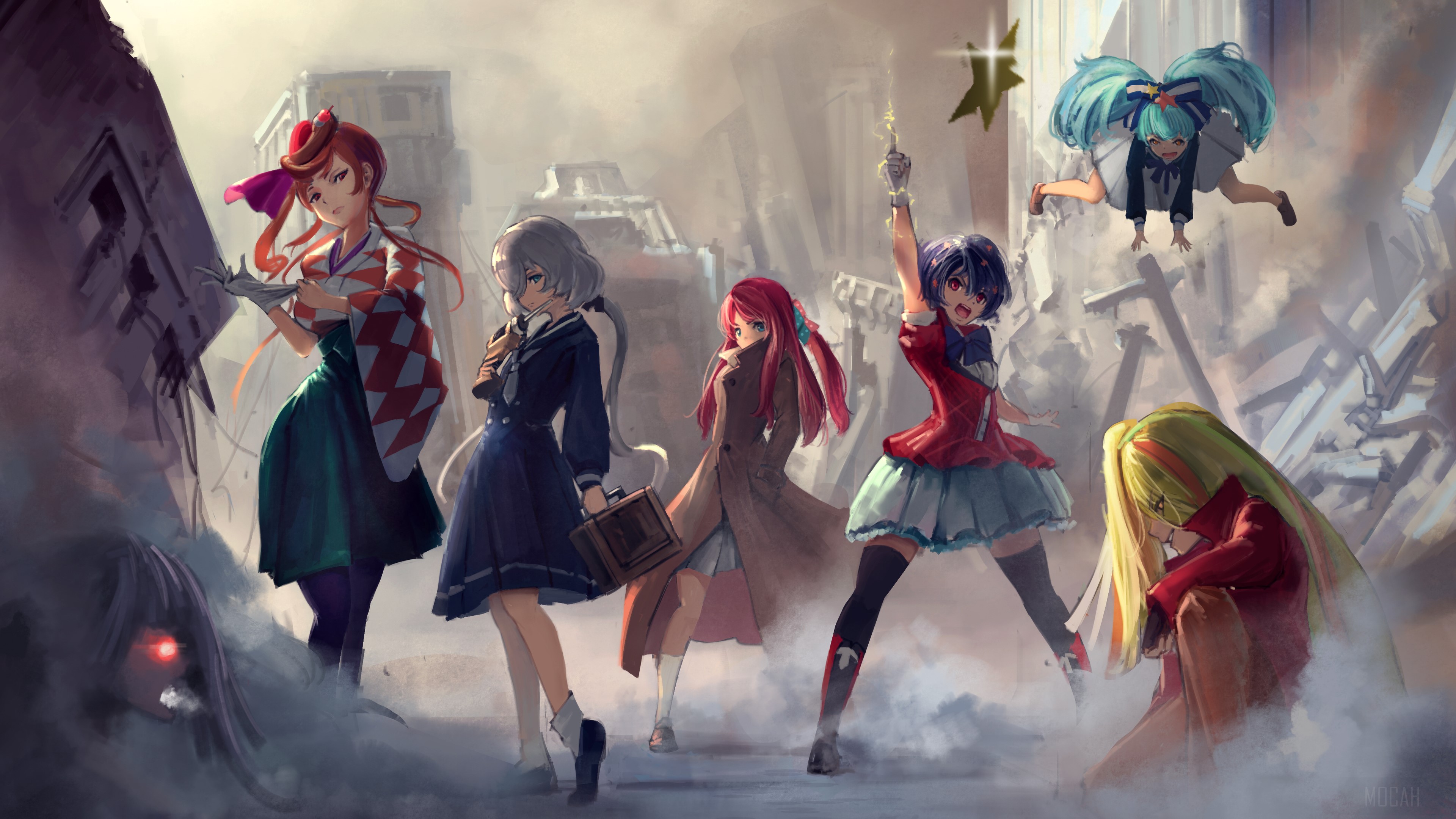 Anime characters in a destroyed city HD Wallpaper