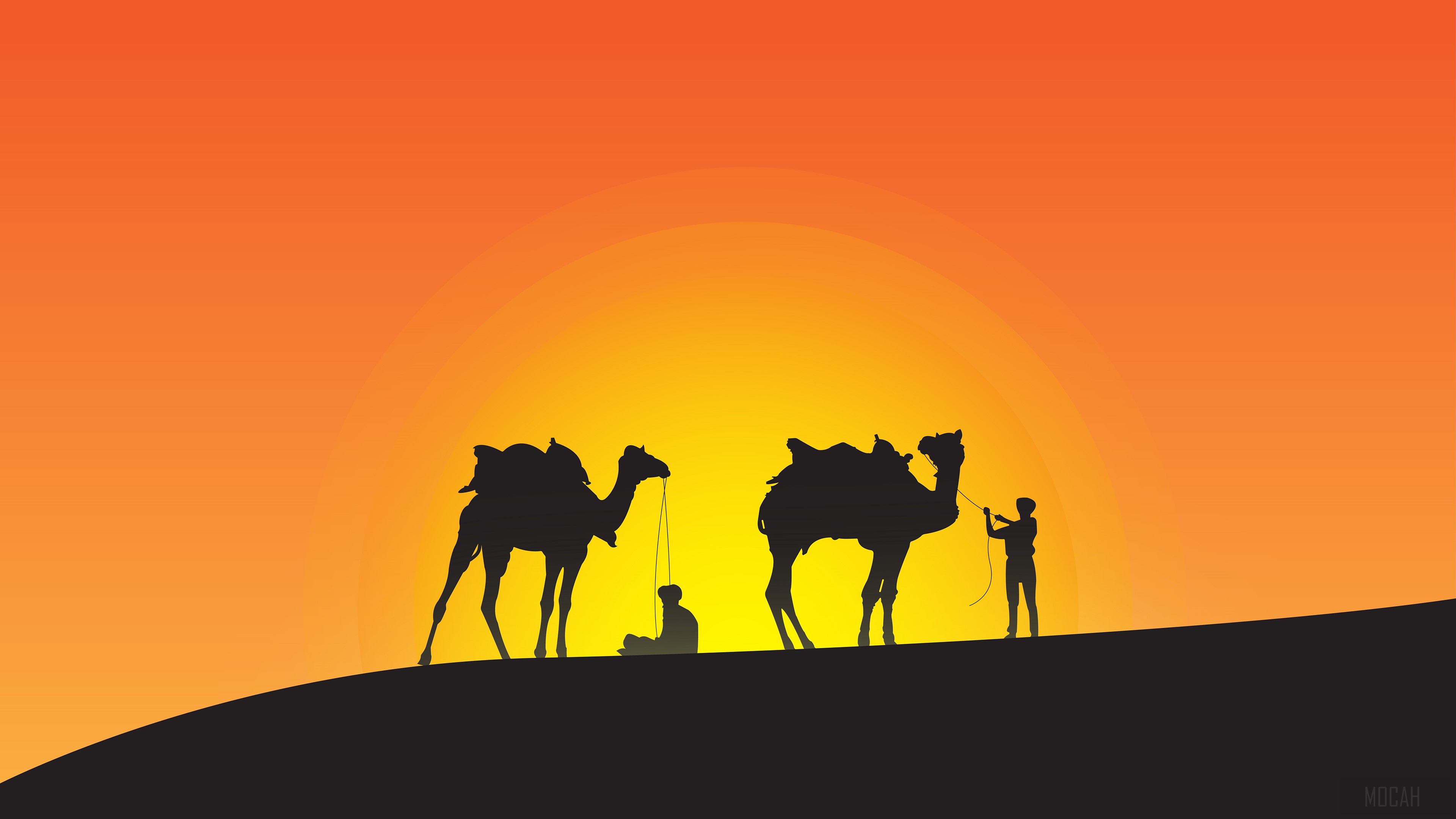 Camels and people in desert silhouette 4K HD Wallpaper