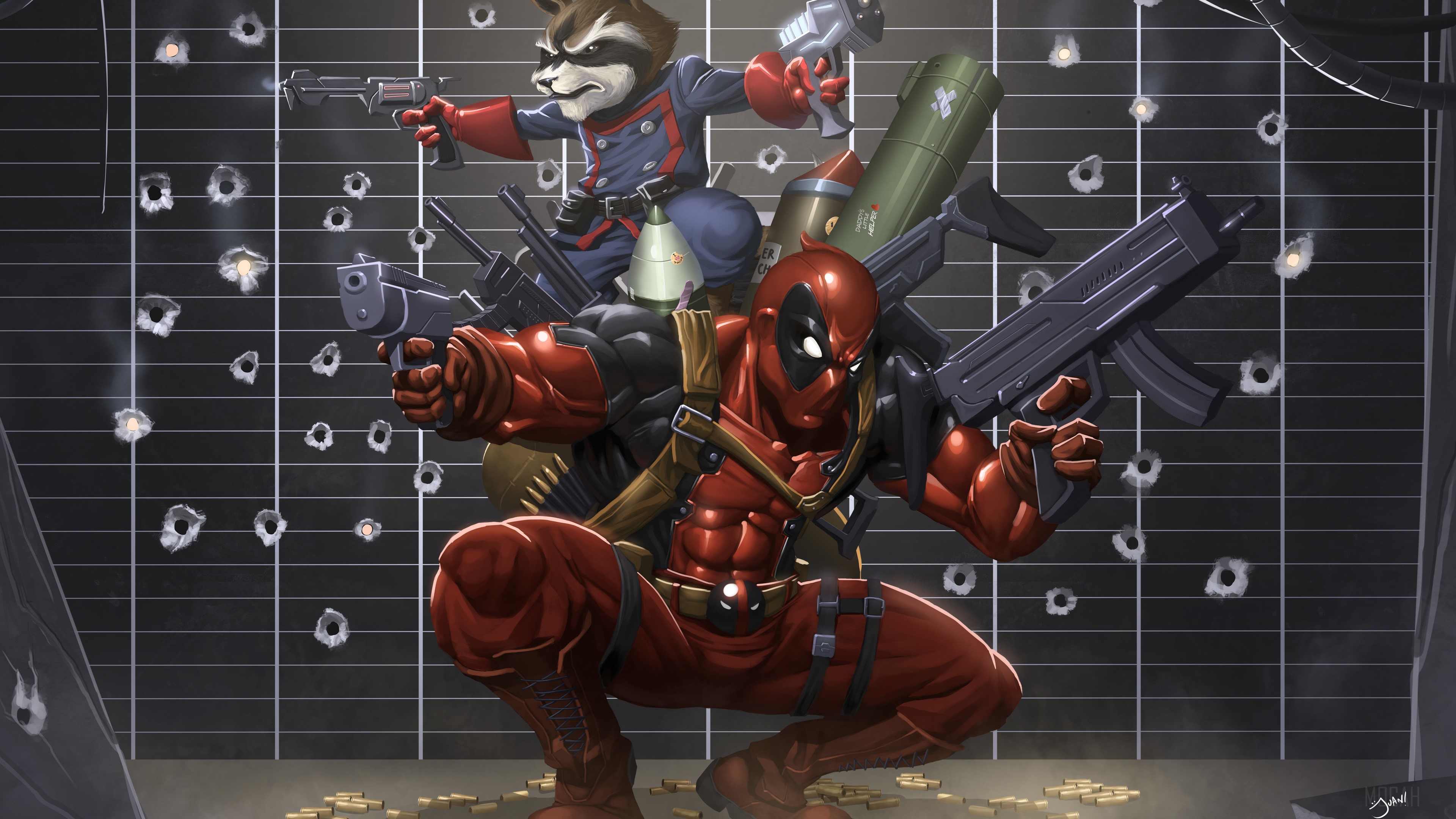 Deadpool and Rocket Raccoon with weapons HD Wallpaper