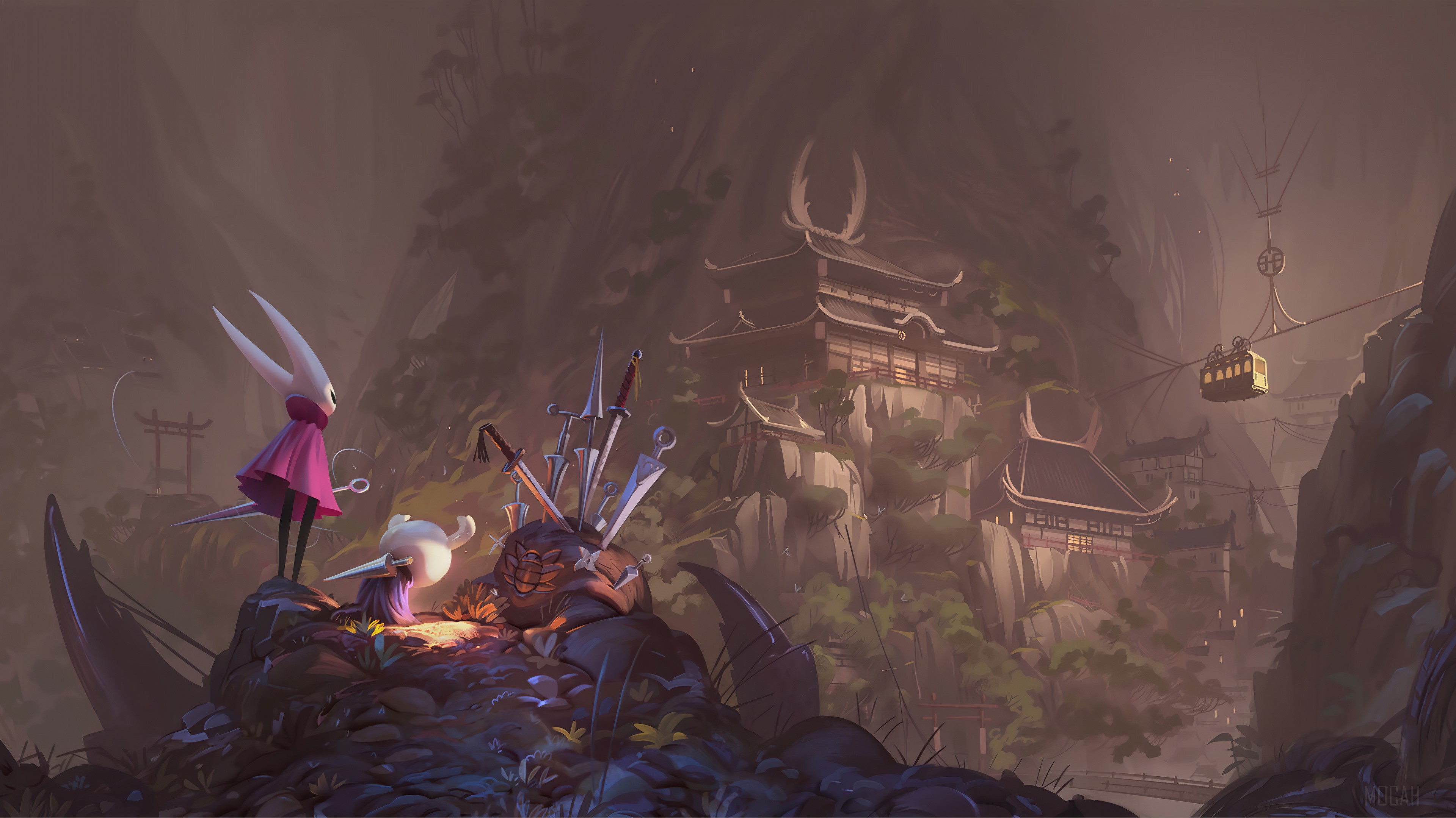 Hornet and Quirrel from Hollow Knight in a fantasy setting HD Wallpaper