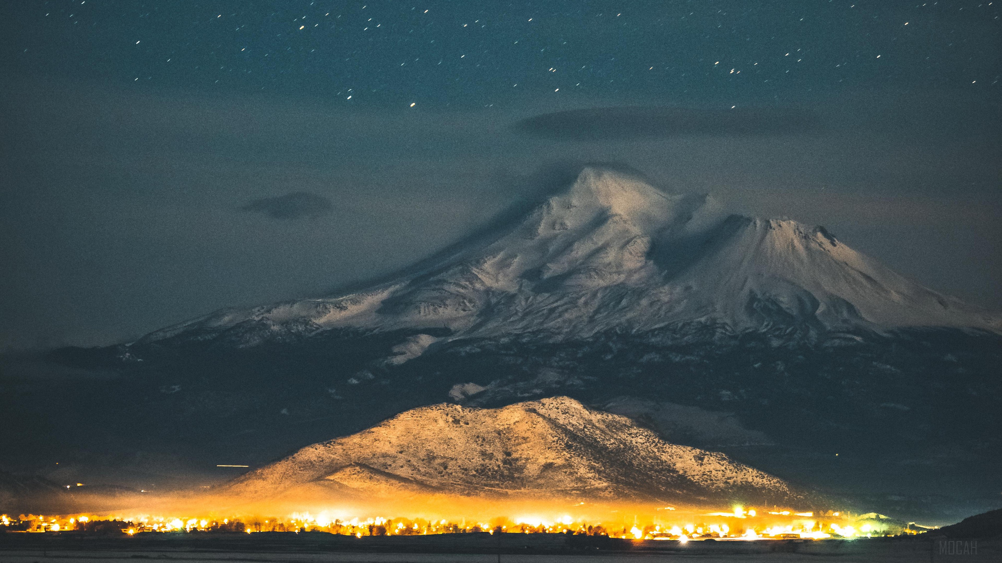 Mount Shasta at night with city lights HD Wallpaper
