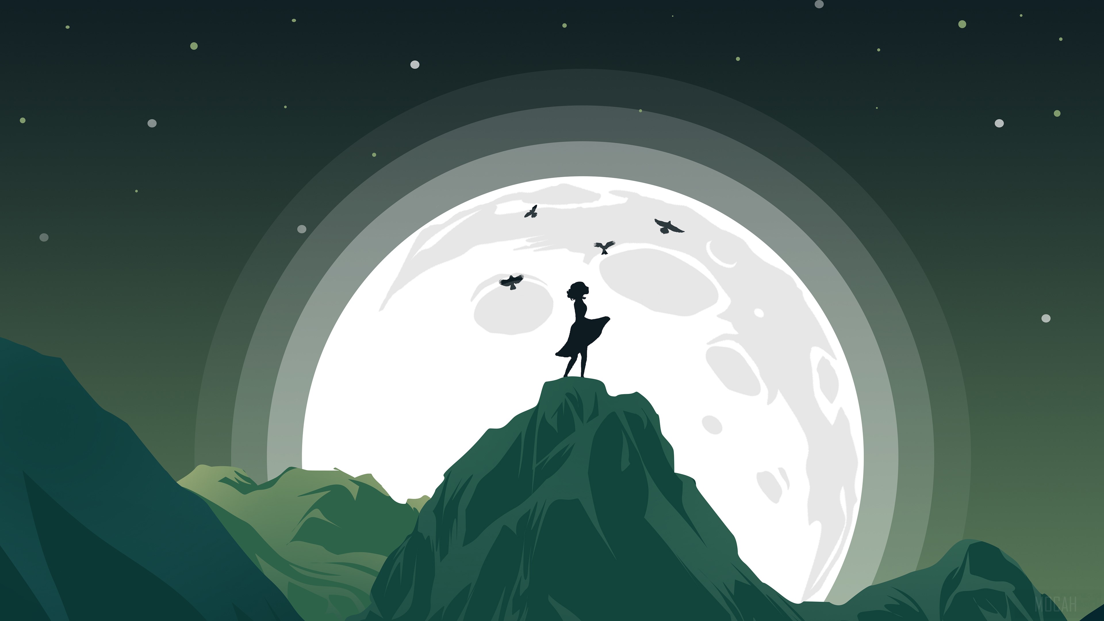 Girl on Mountain Top with Moon and Birds 4K HD Wallpaper