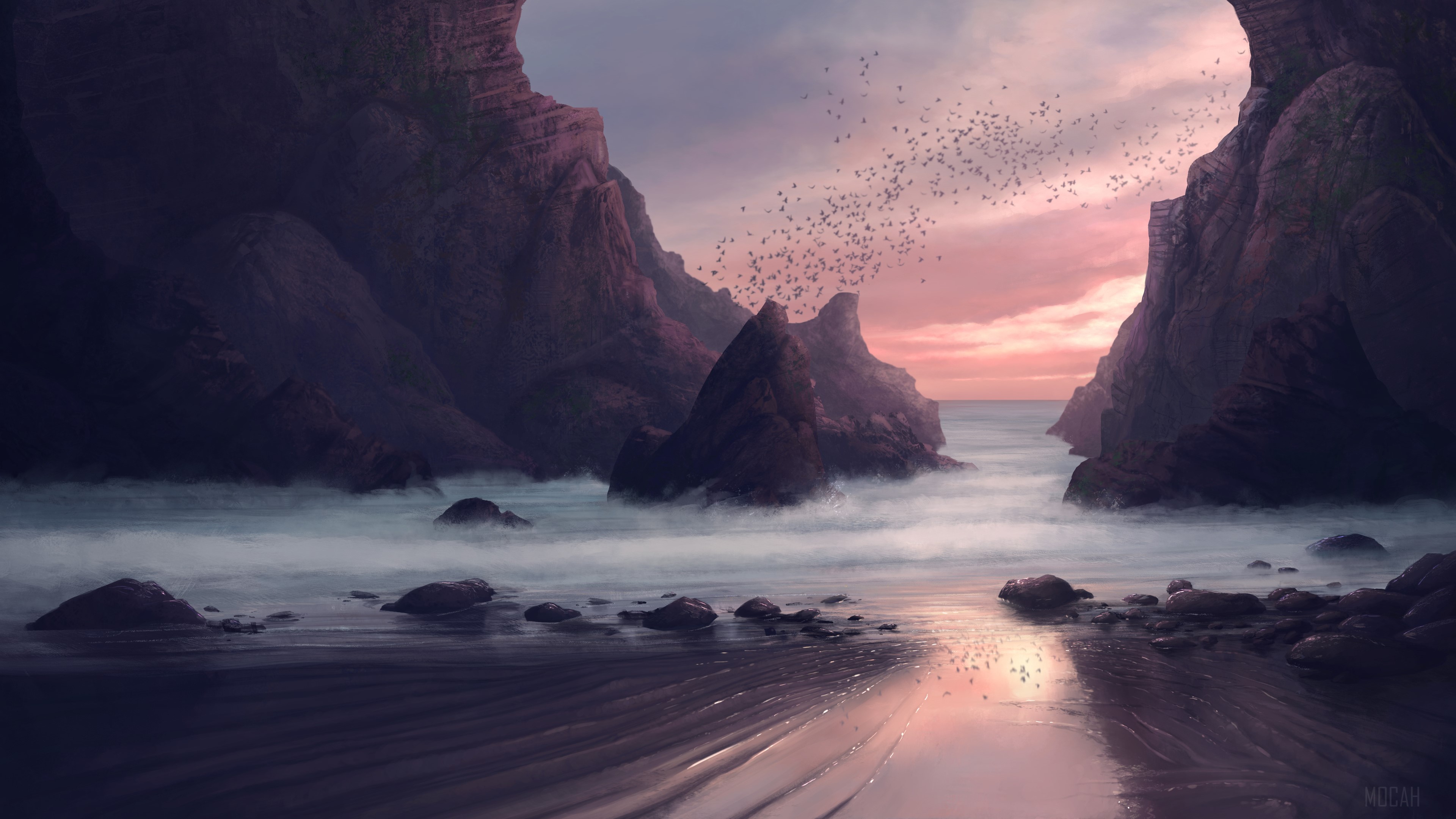 Digital Painting of a Beach Seaside at Sunset HD Wallpaper