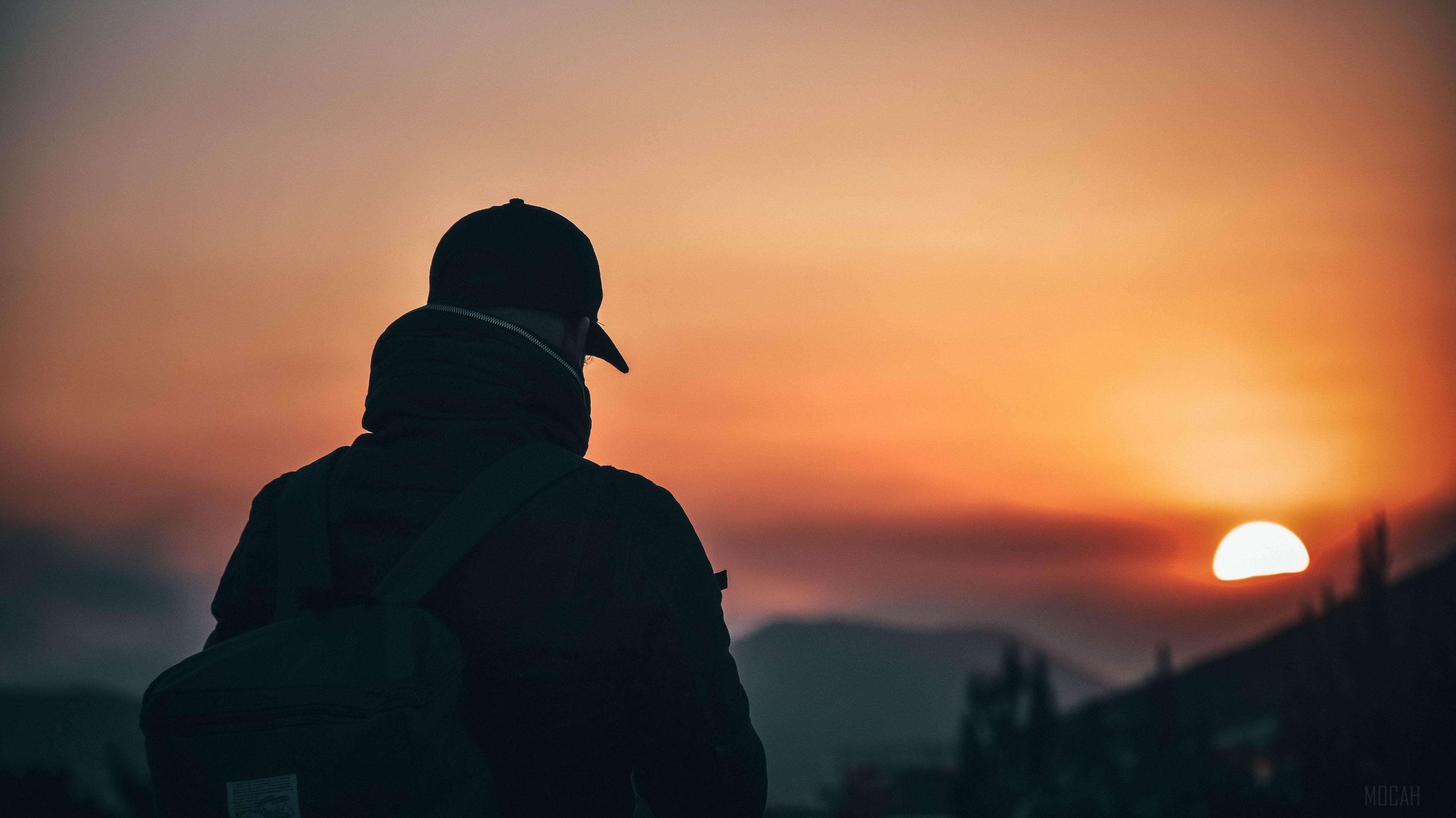 Photographer silhouette against sunset 4K HD Wallpaper