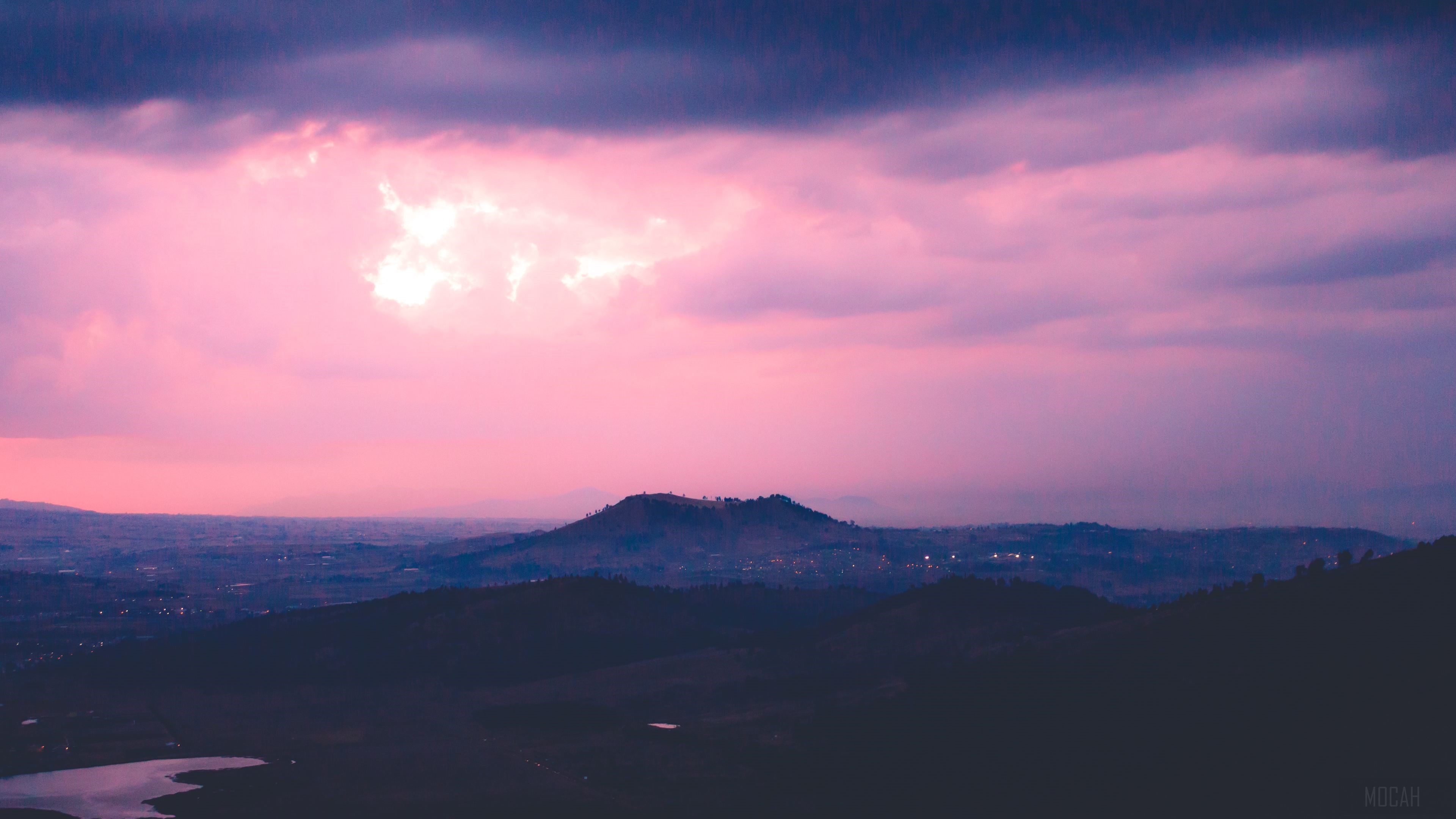 Pink Sky Over Mountains and Lake 4K HD Wallpaper