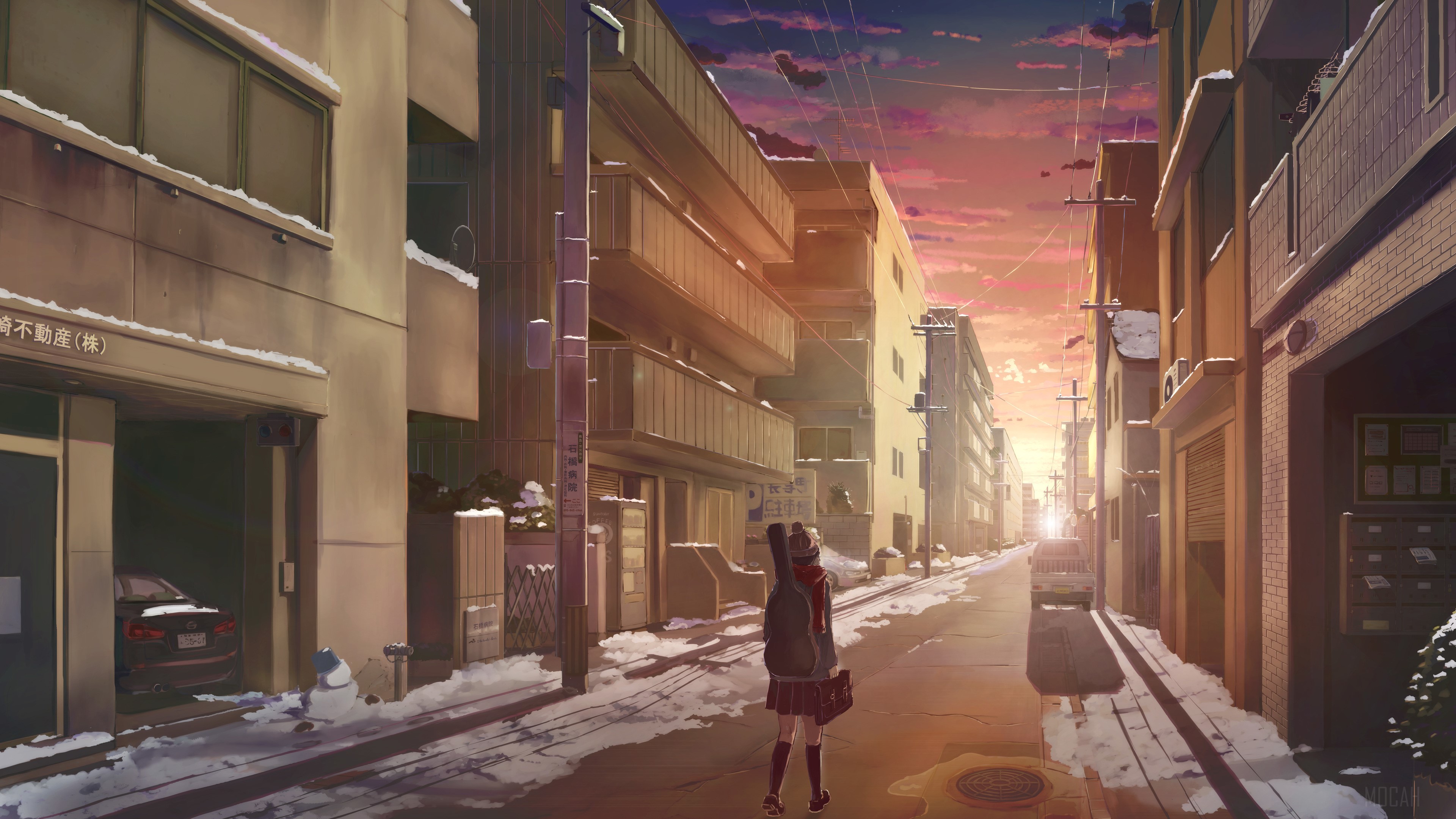 Girl with Guitar Case in Snowy Town at Sunset 4K HD Wallpaper