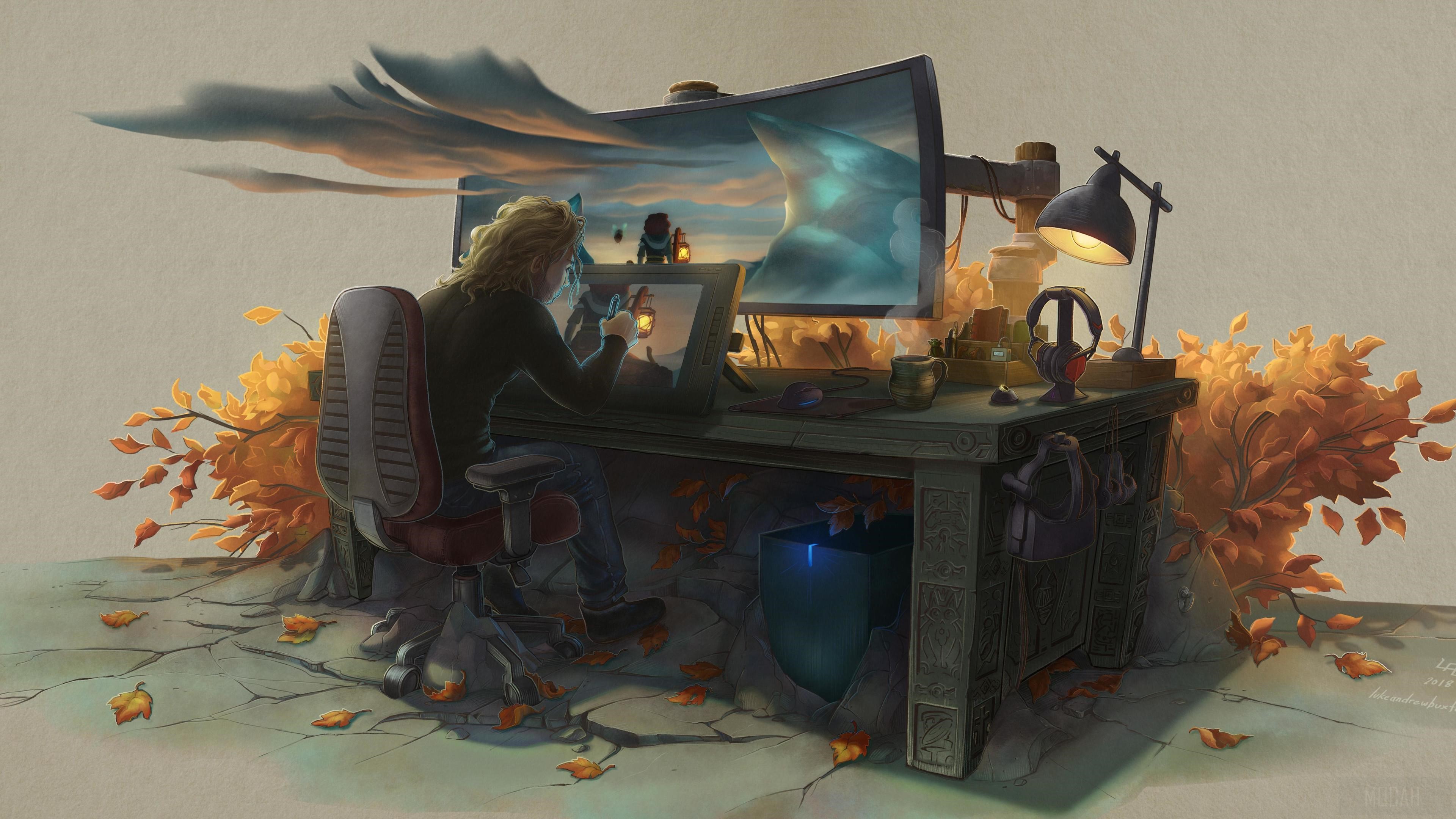 Creative Artist Workspace at Dusk with 4K Detail HD Wallpaper
