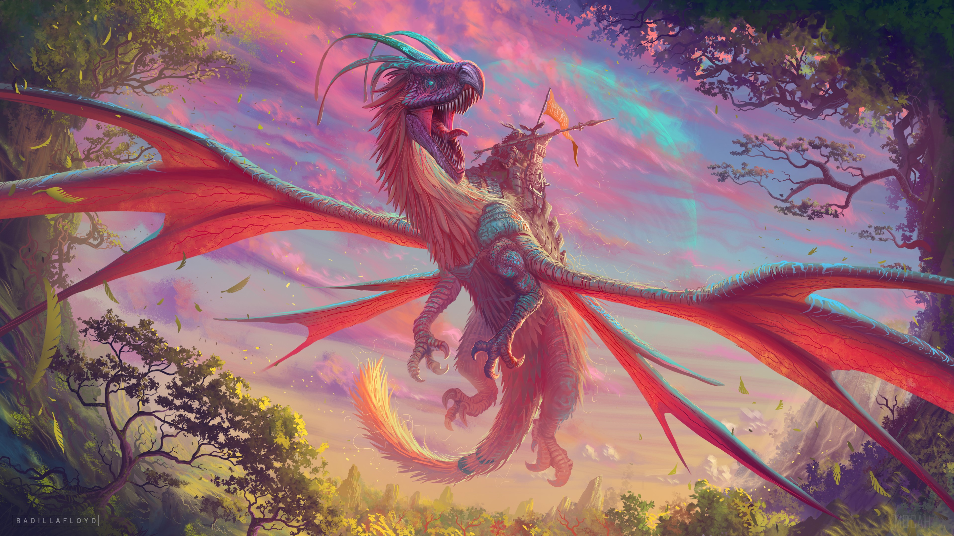 Dragon with rider in flight over landscape 4K HD Wallpaper
