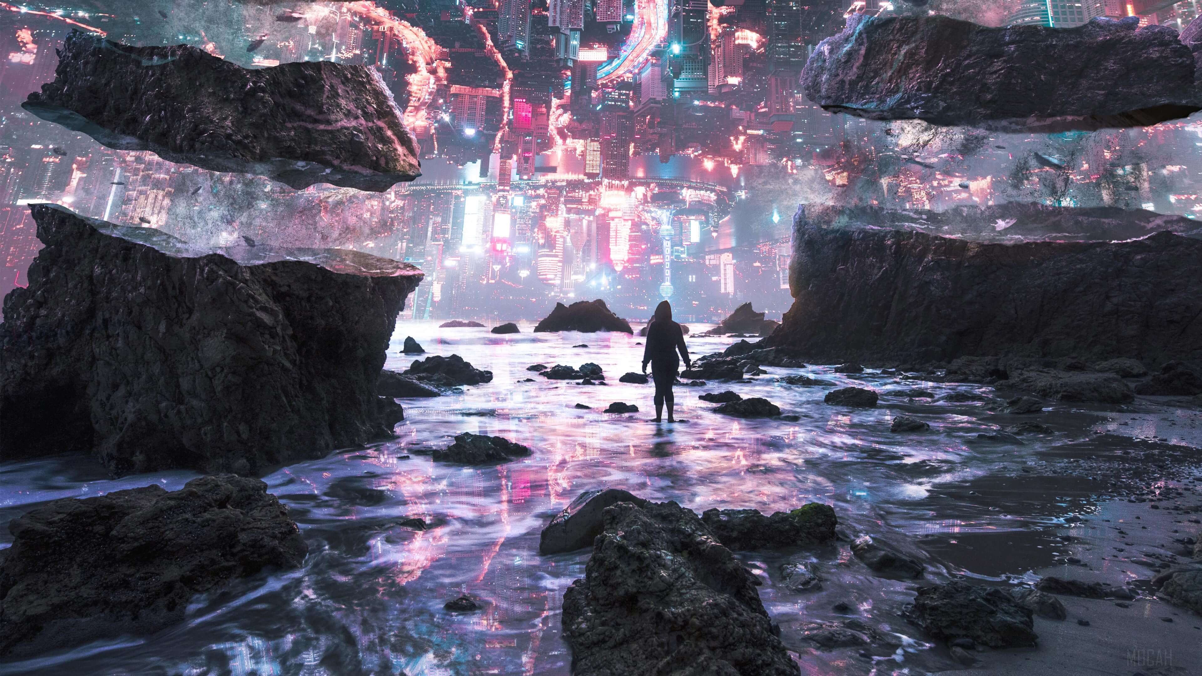 Upside Down Cityscape with Floating Rocks 4K HD Wallpaper