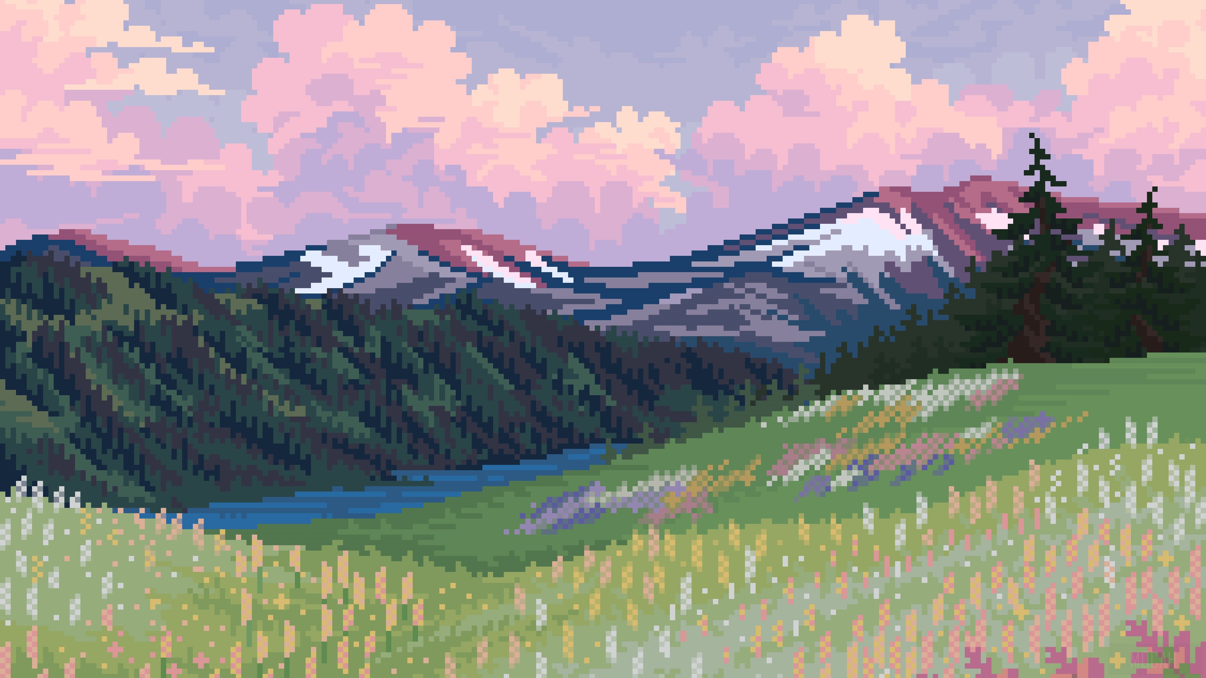 Pixel Art Mountain Landscape with Flowers and Clouds HD Wallpaper