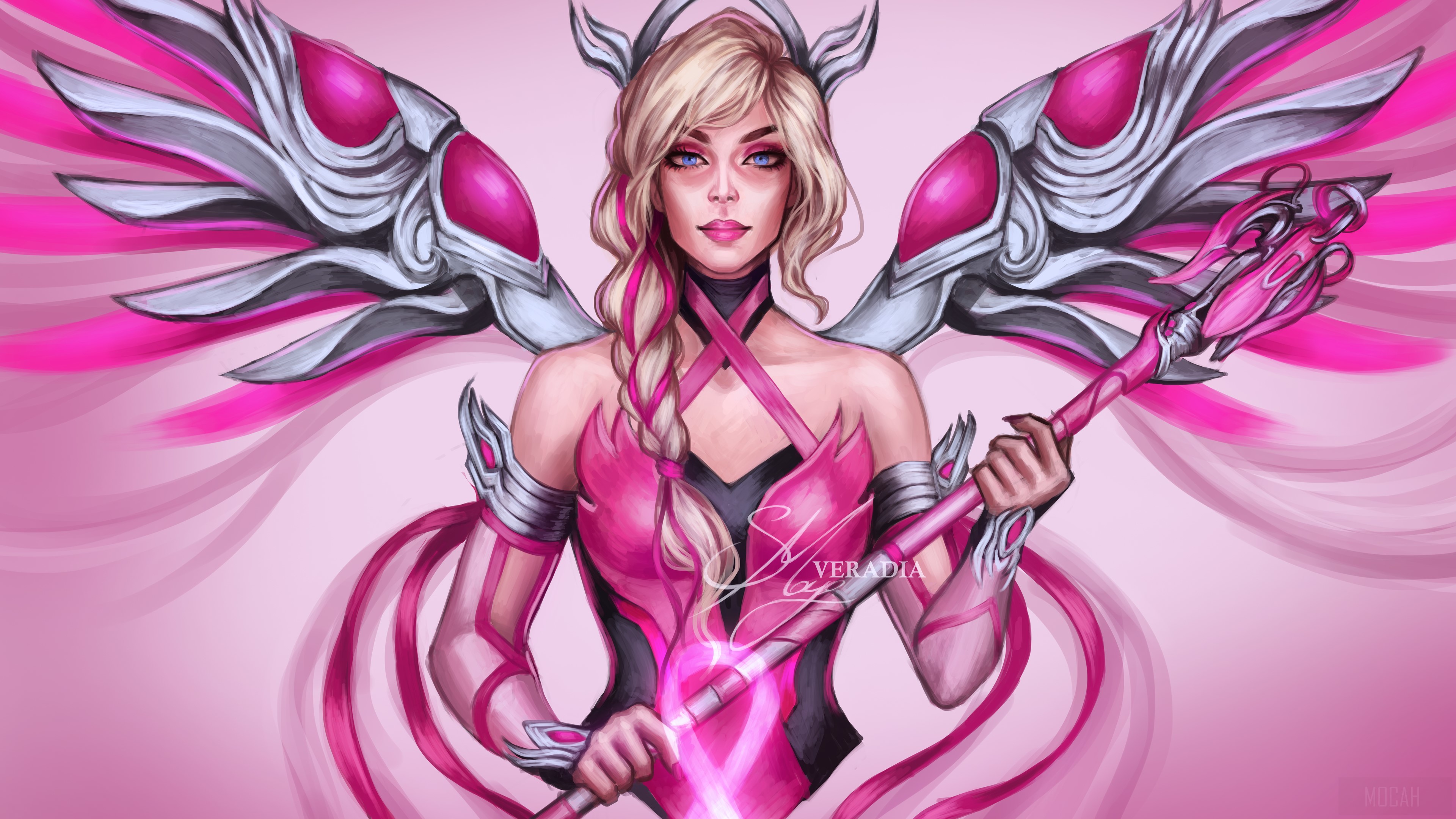 Mercy from Overwatch in pink outfit with staff HD Wallpaper