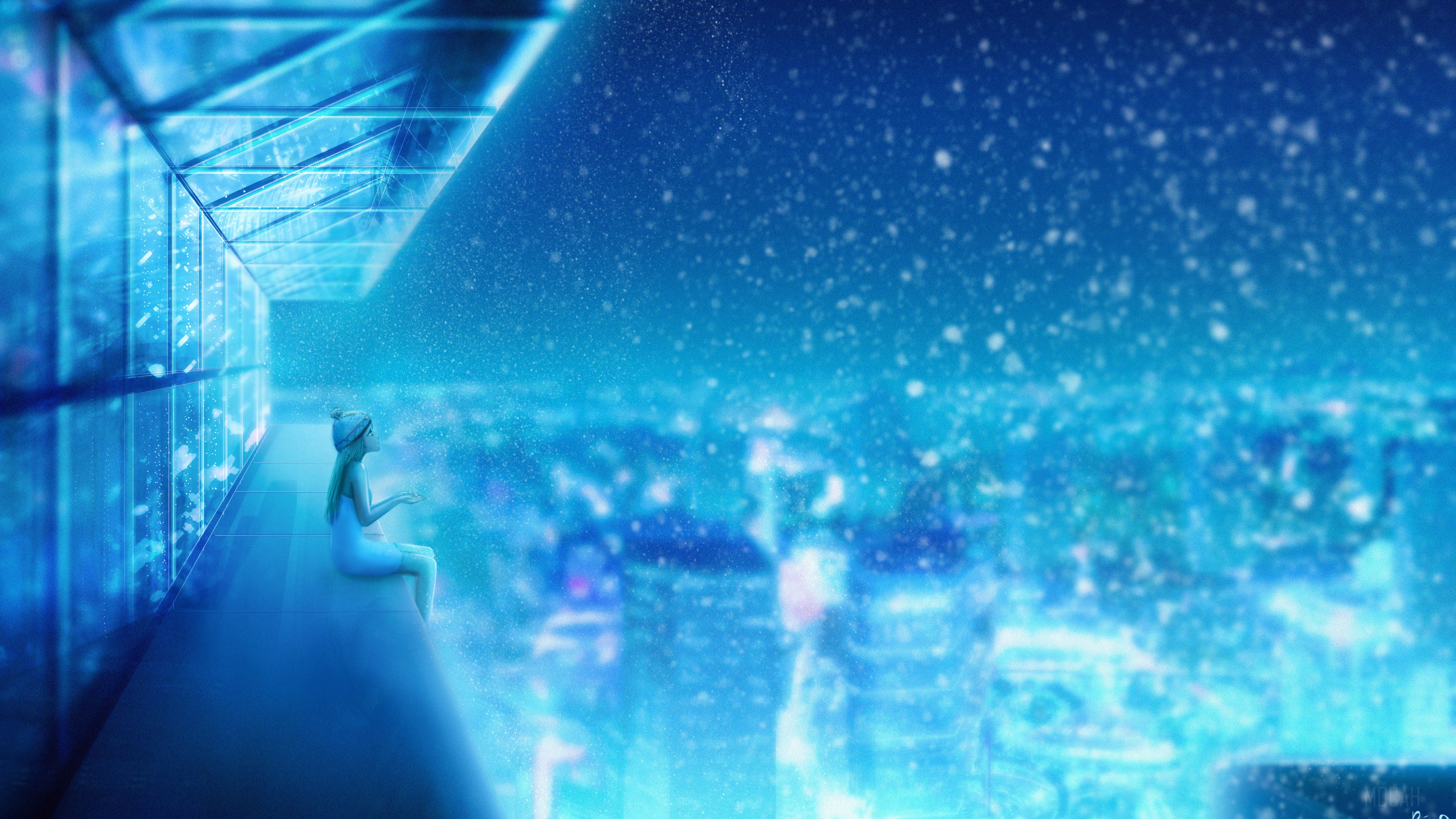 Girl in winter hat on balcony overlooking snowy city HD Wallpaper